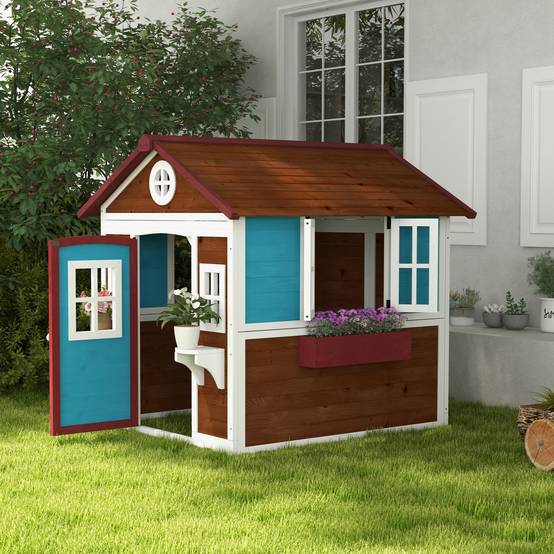 Cabane enfant extérieur maison enfant extérieure avec porte fenêtres et jardinières 114 x 126,4 x 135 cm Marron - Image 4
