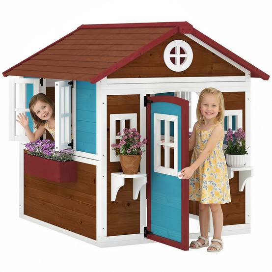 Cabane enfant extérieur maison enfant extérieure avec porte fenêtres et jardinières 114 x 126,4 x 135 cm Marron - Image 1