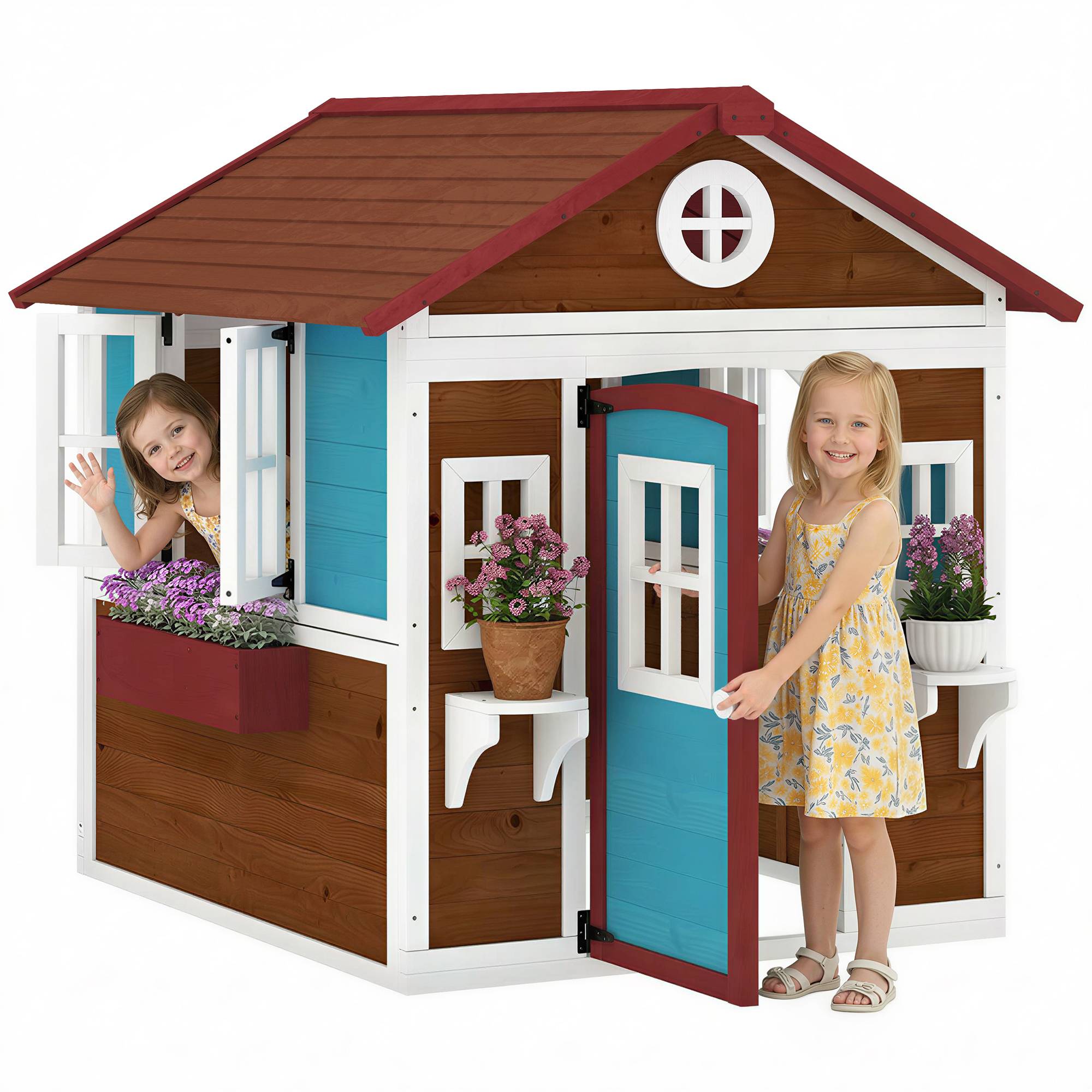 Cabane enfant extérieur maison enfant extérieure avec porte fenêtres et jardinières 114 x 126,4 x 135 cm Marron - Image 1