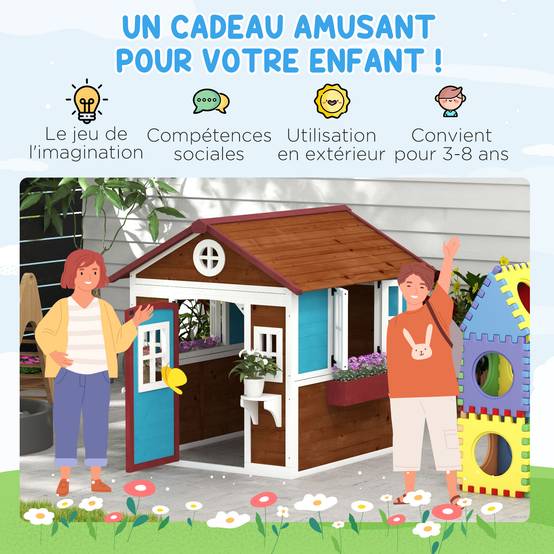 Cabane enfant extérieur maison enfant extérieure avec porte fenêtres et jardinières 114 x 126,4 x 135 cm Marron - Image 8