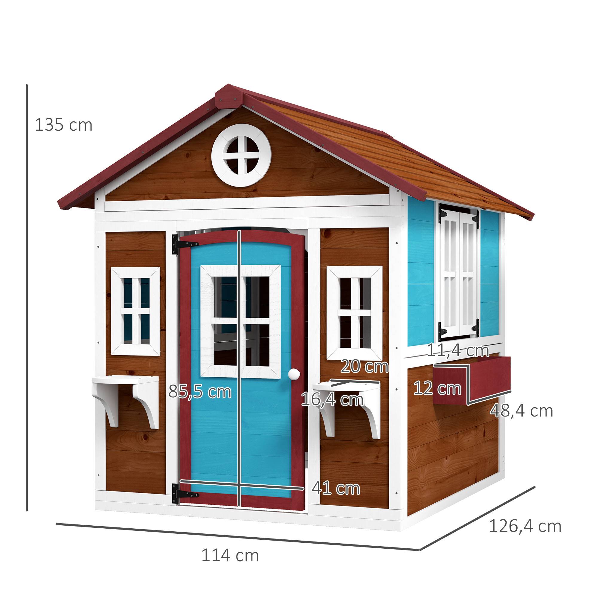 Cabane enfant extérieur maison enfant extérieure avec porte fenêtres et jardinières 114 x 126,4 x 135 cm Marron - Image 5