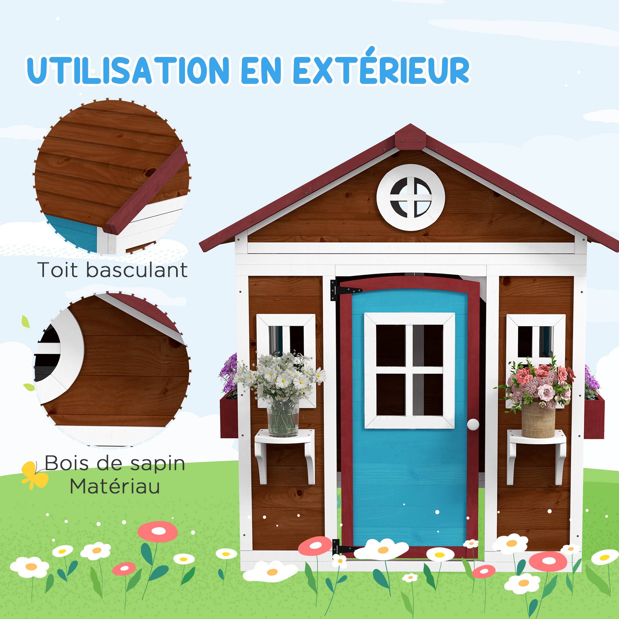 Cabane enfant extérieur maison enfant extérieure avec porte fenêtres et jardinières 114 x 126,4 x 135 cm Marron - Image 7