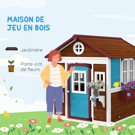 Cabane enfant extérieur maison enfant extérieure avec porte fenêtres et jardinières 114 x 126,4 x 135 cm Marron - Image 6