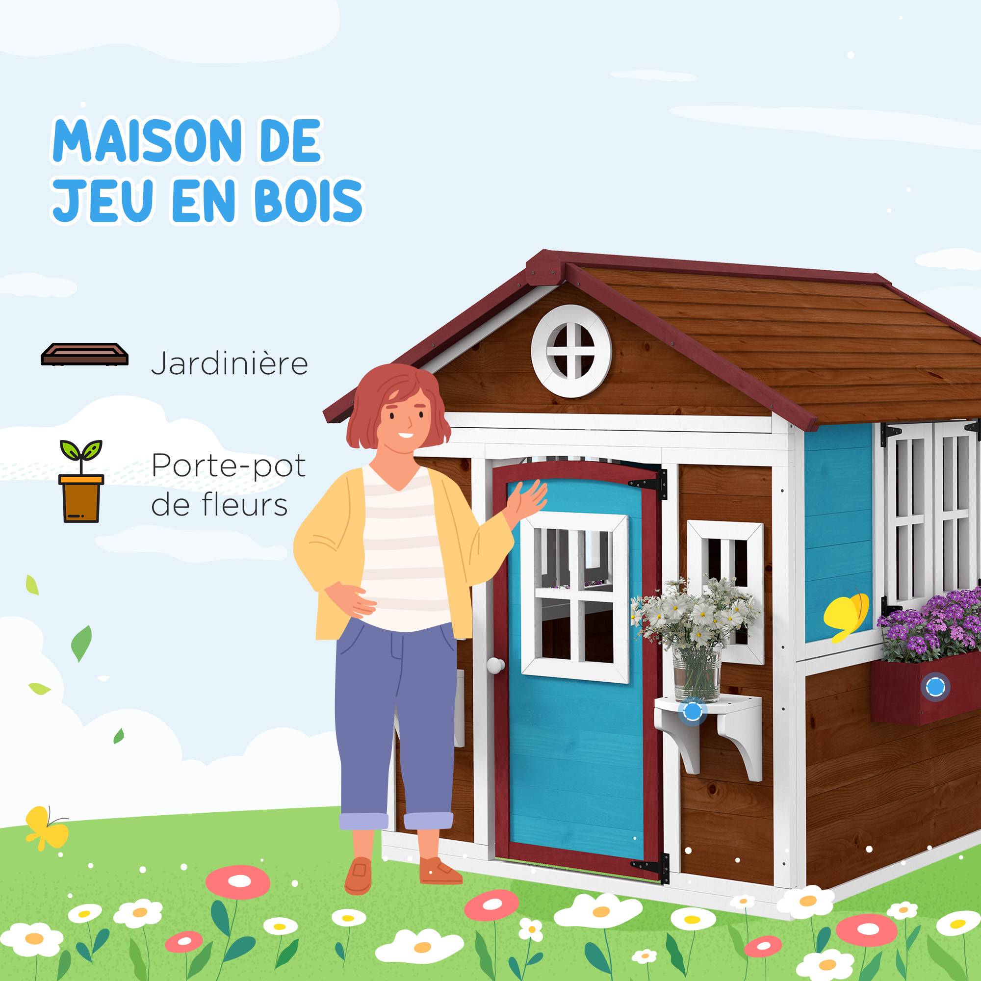 Cabane enfant extérieur maison enfant extérieure avec porte fenêtres et jardinières 114 x 126,4 x 135 cm Marron - Image 6