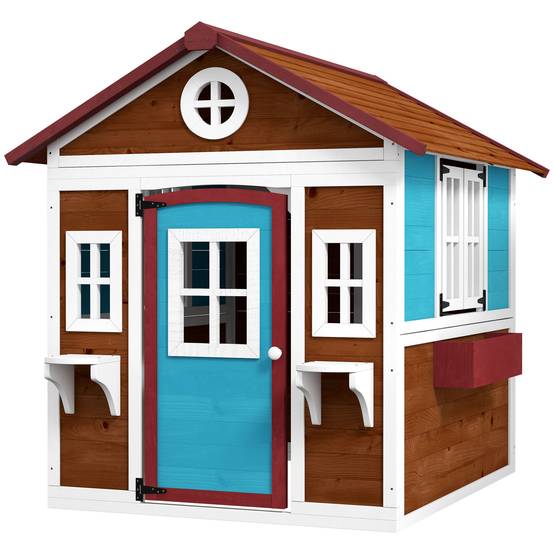 Cabane enfant extérieur maison enfant extérieure avec porte fenêtres et jardinières 114 x 126,4 x 135 cm Marron - Image 2