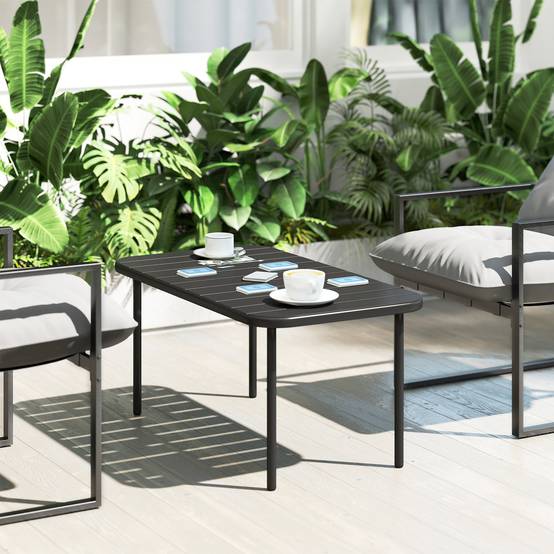 Table basse rectangulaire d’extérieur en métal imperméable, plateau à lattes idéal terrasse et jardin - Image 9