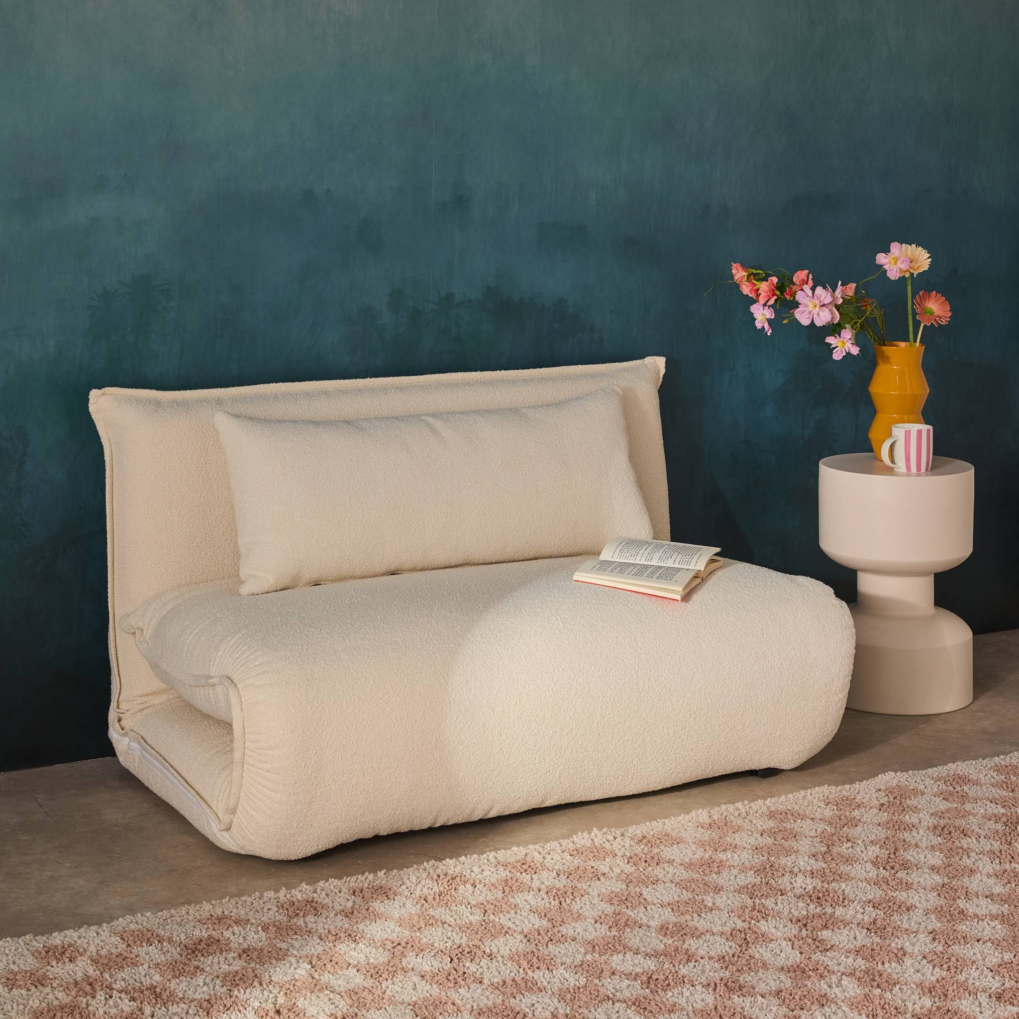 sweeek - Chauffeuse convertible 2 places en bouclette texturée blanc cassé L 120 x P 80 x H 66 cm - Fleeep | sweeek - Image 5