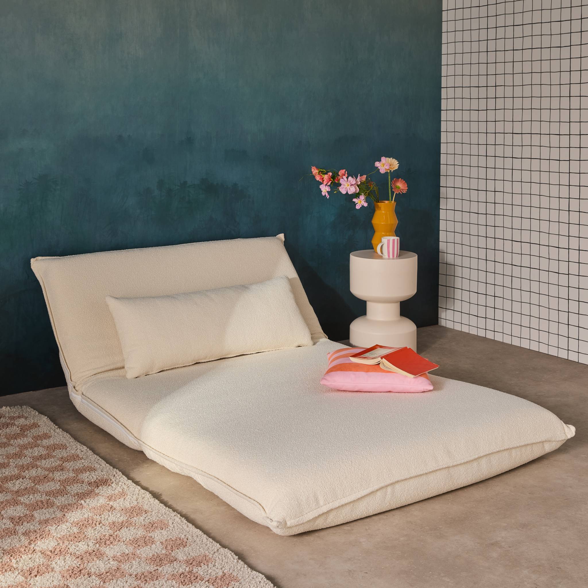 sweeek - Chauffeuse convertible 2 places en bouclette texturée blanc cassé L 120 x P 80 x H 66 cm - Fleeep | sweeek - Image 6