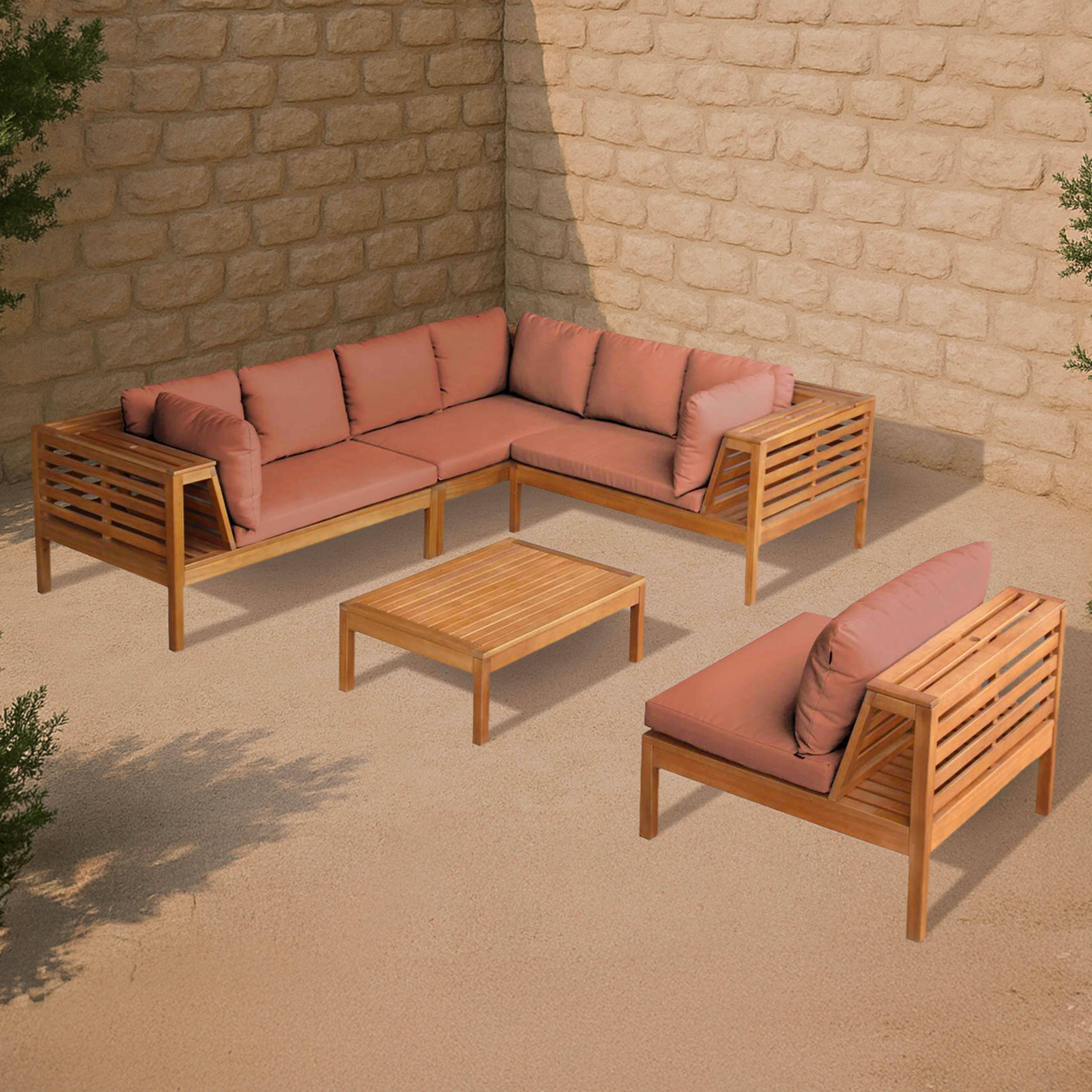 Oviala - Salon de jardin d'angle 6 places en bois d'eucalyptus terracotta Maupiti - Oviala - Image 2