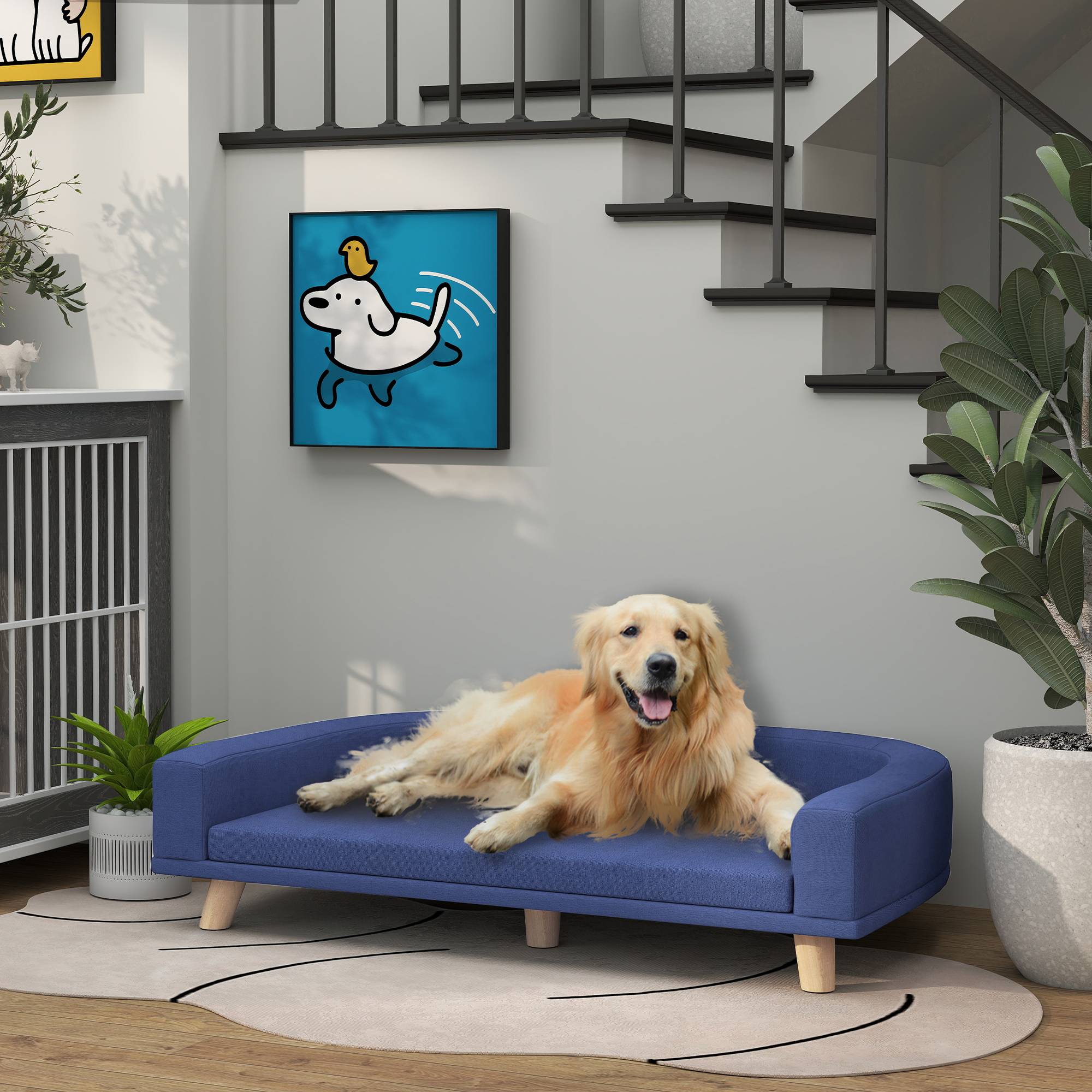 Canapé pour chien grand lit surélevé pour chien coussin lavable cadre en bois tissu polyester 98 x 67 x 25 cm bleu - Image 4