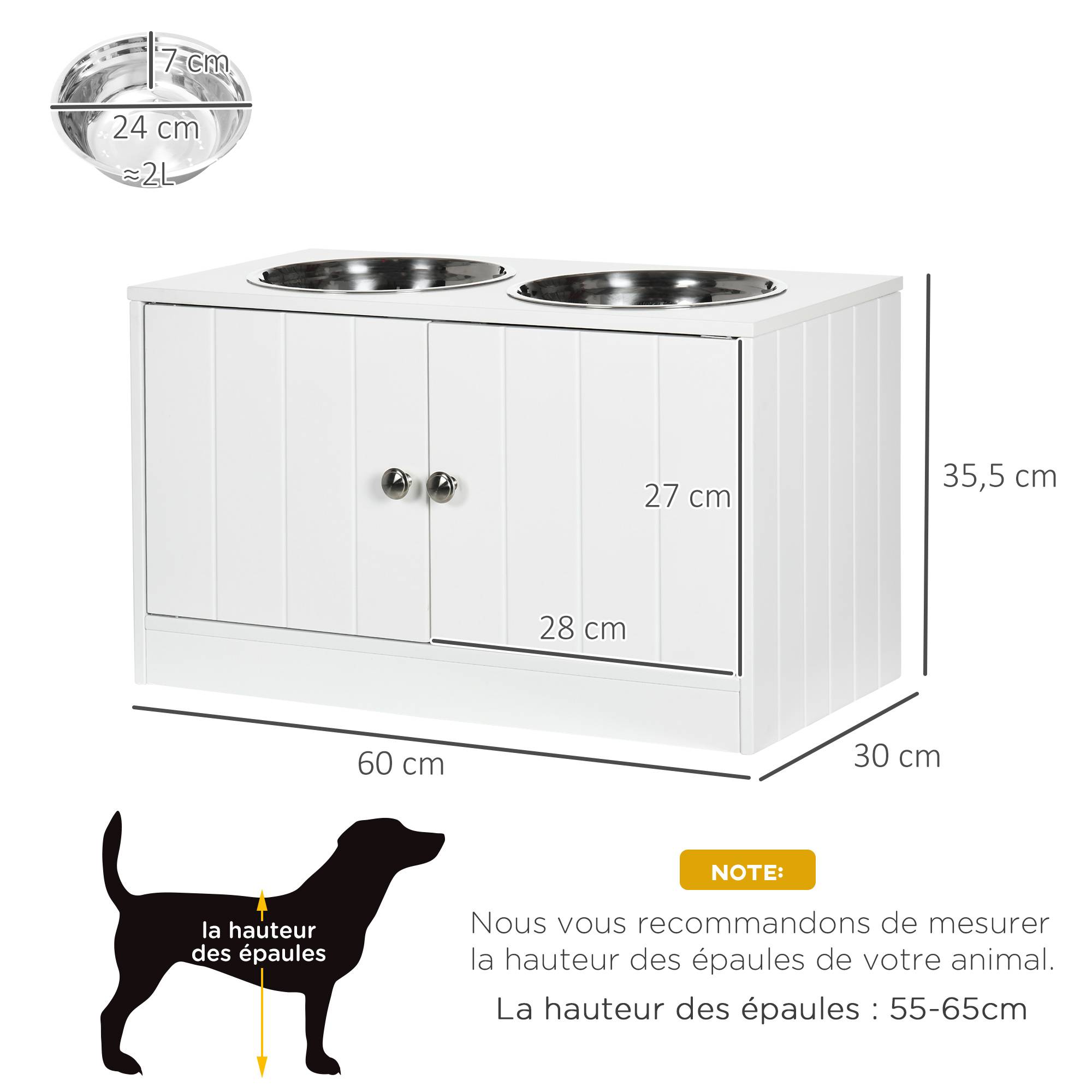 Sans Marque - Gamelles chiens surélevées double chien chat 60x30x35,5 cm 2 gamelles 2L inox bois blanc - Image 5