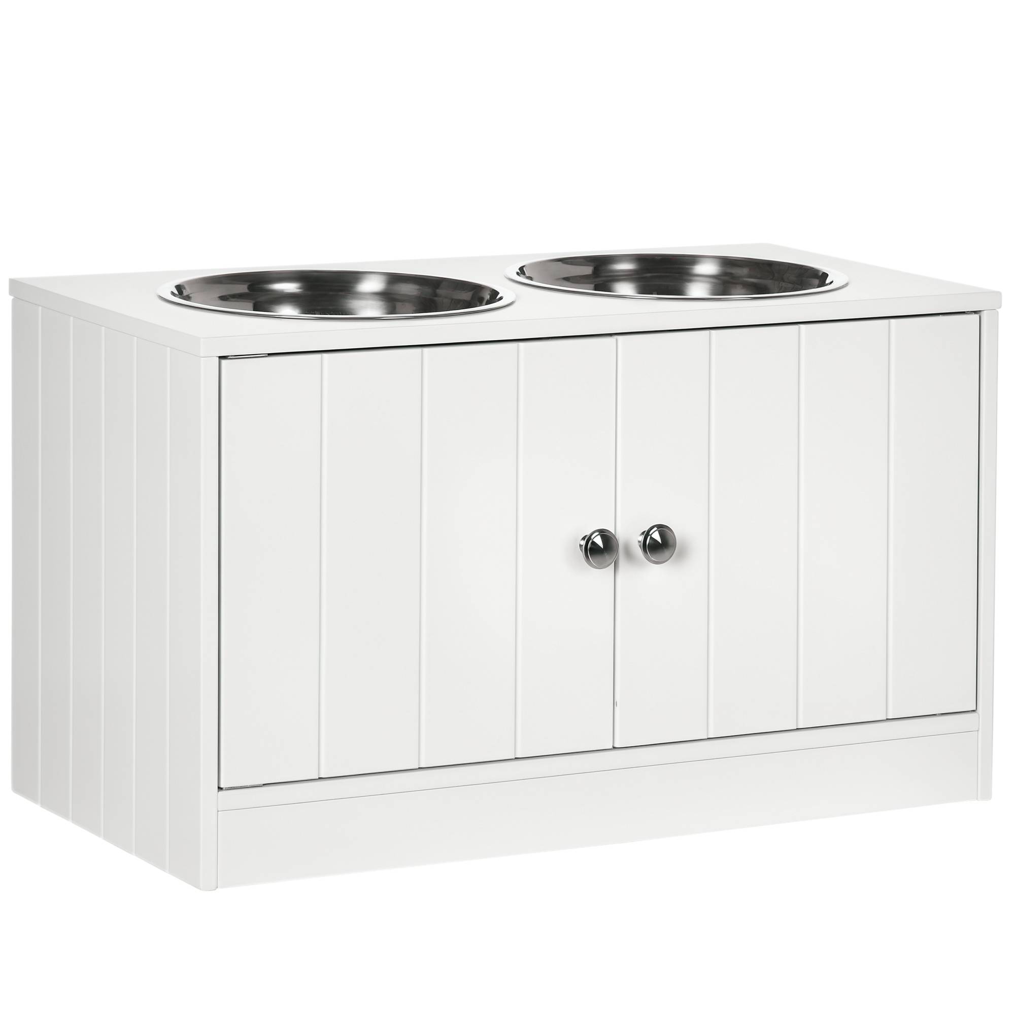 Sans Marque - Gamelles chiens surélevées double chien chat 60x30x35,5 cm 2 gamelles 2L inox bois blanc - Image 1