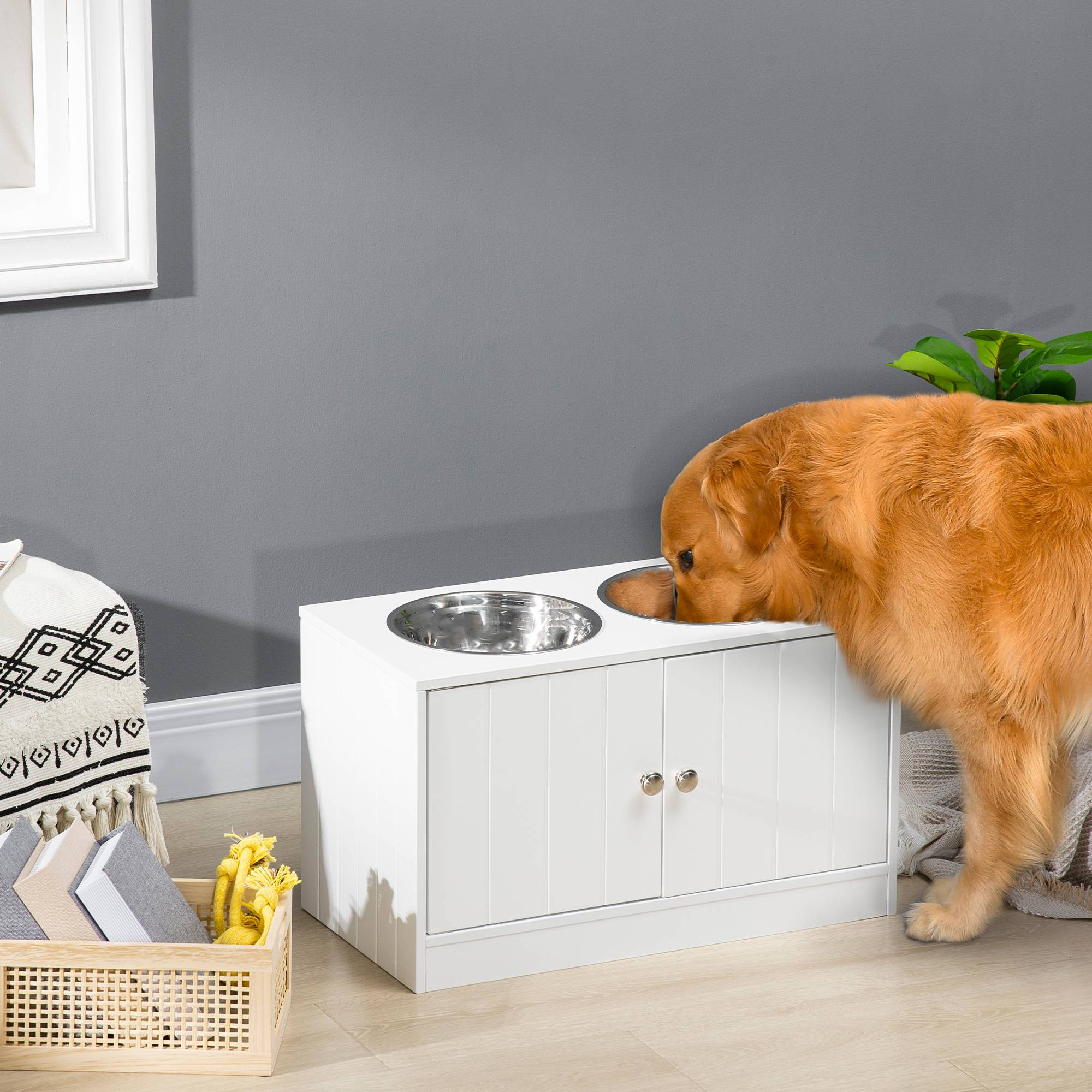 Sans Marque - Gamelles chiens surélevées double chien chat 60x30x35,5 cm 2 gamelles 2L inox bois blanc - Image 3