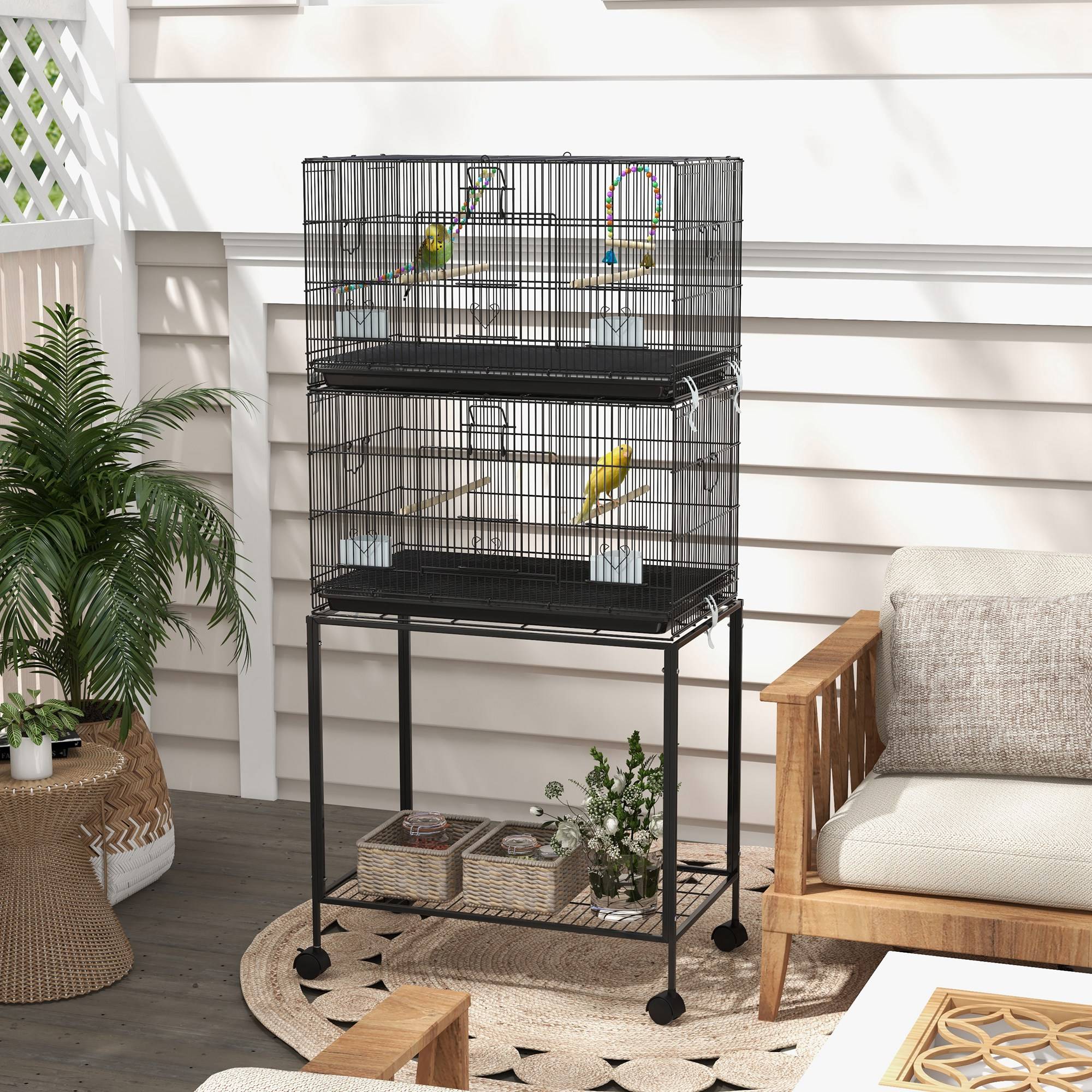 Cage à oiseaux sur pied volière double avec mangeoires perchoirs plateau amovible étagère poignée et roulettes noir - Image 4