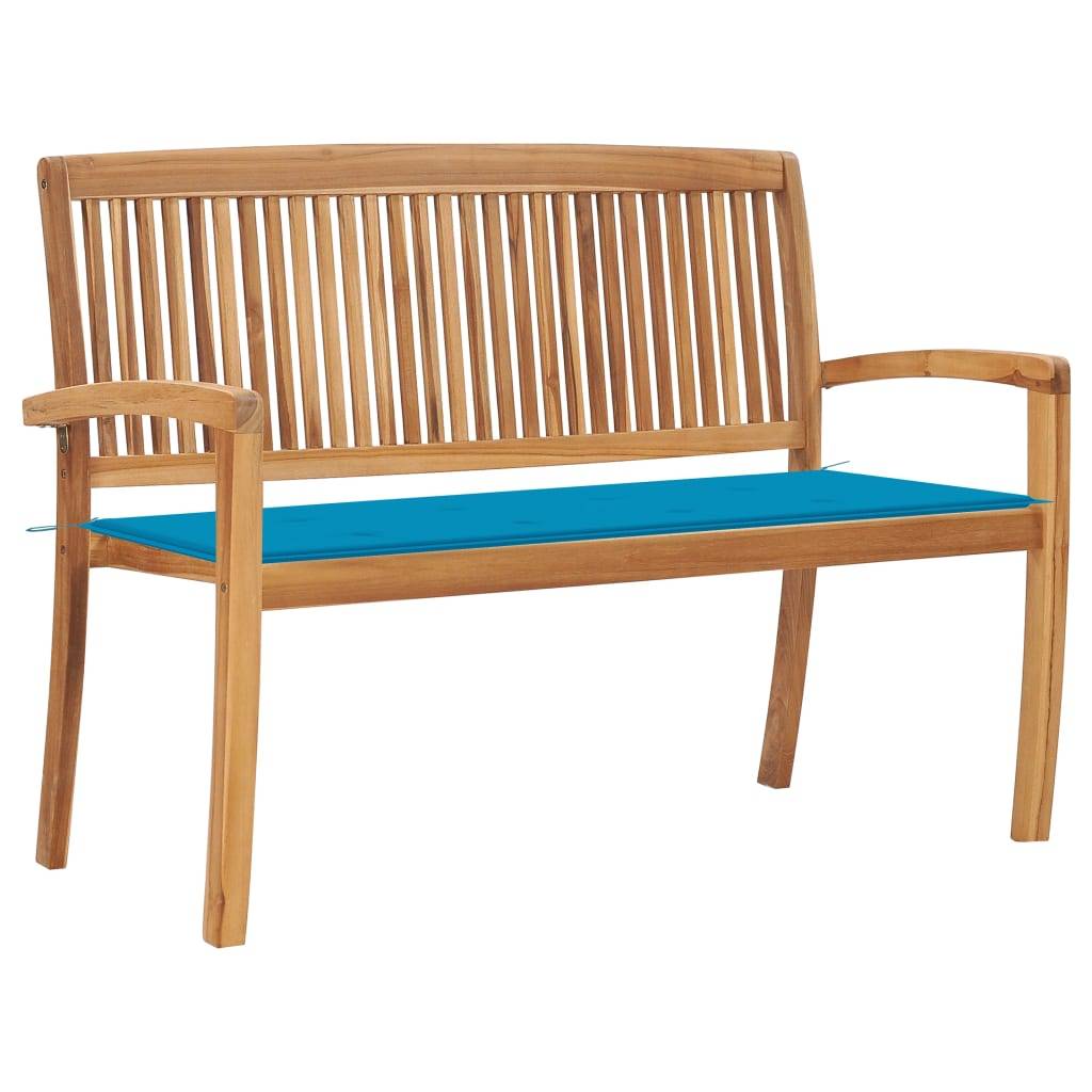 Helloshop26 - Banc de jardin meuble de patio d'extérieur terrasse empilable et coussin bleu 128,5 x 57,5 x 90 cm bois de teck massif - Image 1