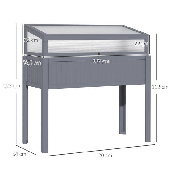 Jardinière bois avec serre 2-en-1, polycarbonate, gris, 120x54x112/122 cm - Image 5