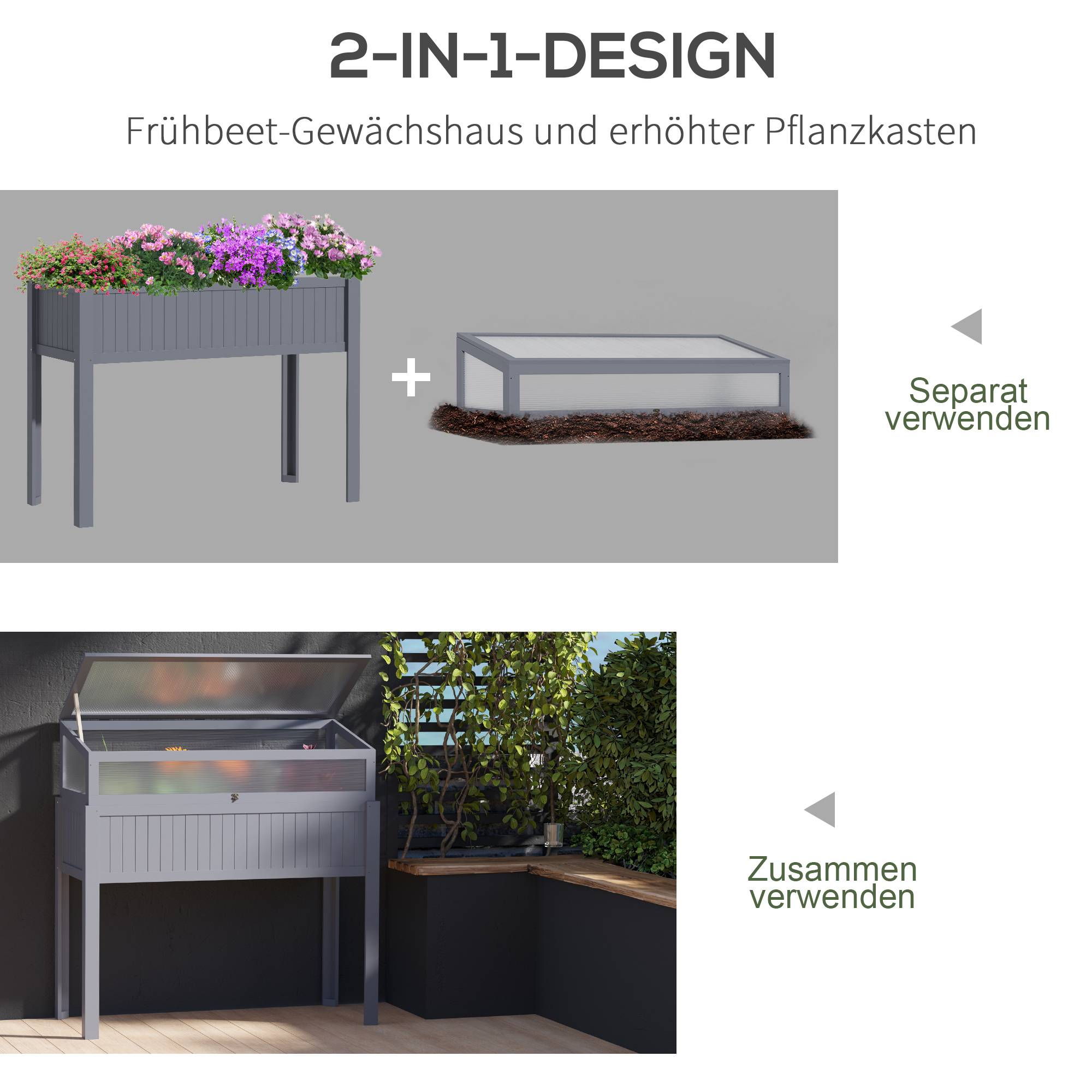 Jardinière bois avec serre 2-en-1, polycarbonate, gris, 120x54x112/122 cm - Image 6