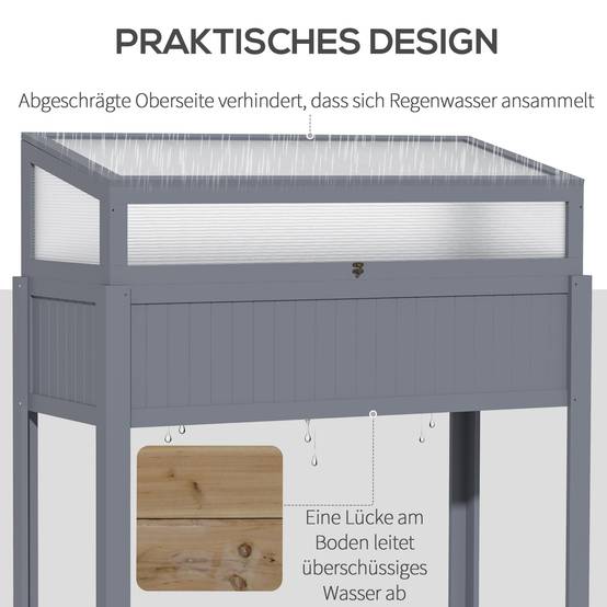 Jardinière bois avec serre 2-en-1, polycarbonate, gris, 120x54x112/122 cm - Image 9