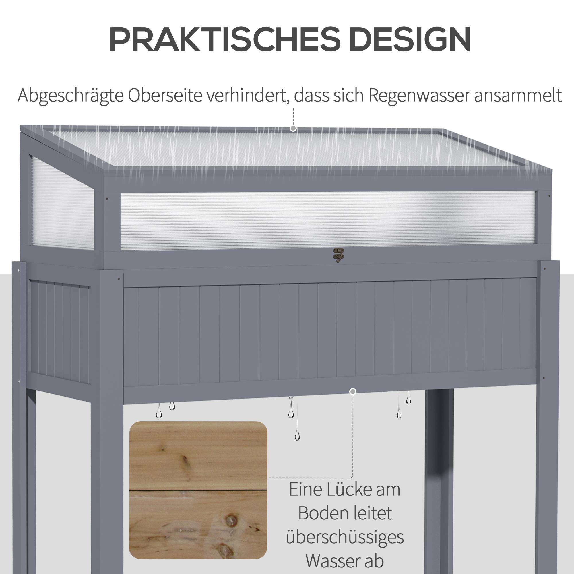 Jardinière bois avec serre 2-en-1, polycarbonate, gris, 120x54x112/122 cm - Image 9