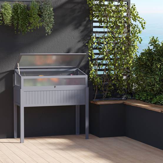 Jardinière bois avec serre 2-en-1, polycarbonate, gris, 120x54x112/122 cm - Image 3