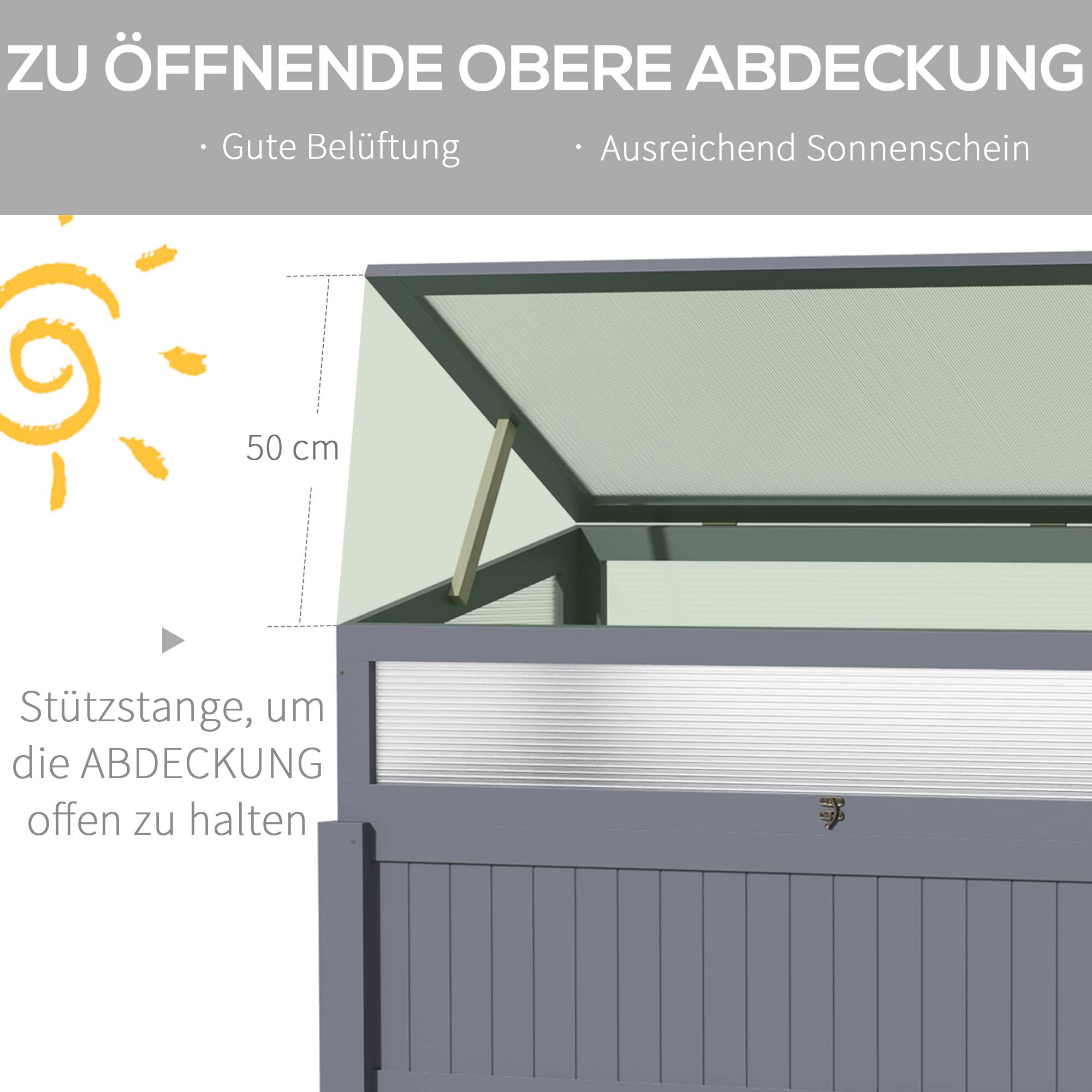 Jardinière bois avec serre 2-en-1, polycarbonate, gris, 120x54x112/122 cm - Image 8