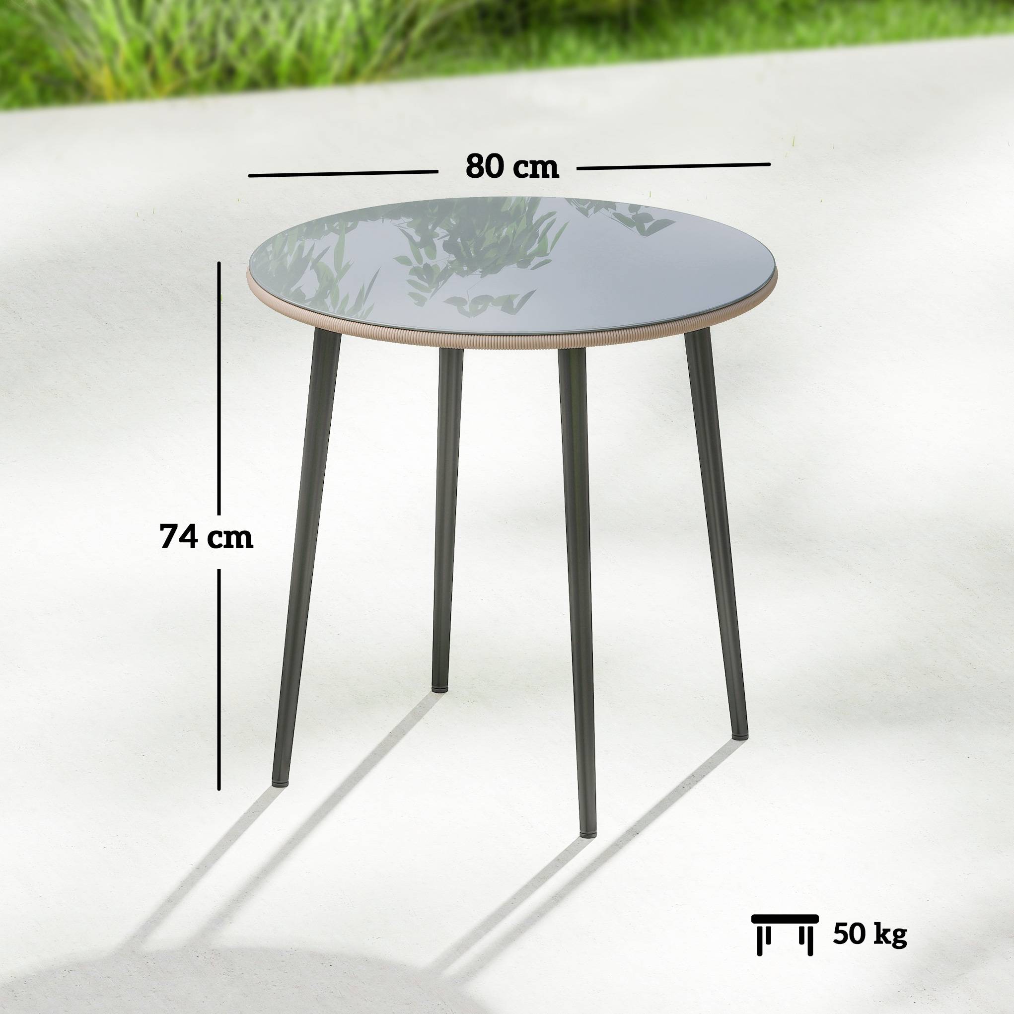 Table de buffet de jardin en acier avec structure en acier, bordure en rotin PE, pieds réglables, 4 couverts, 80 x 80 x 74 cm, grise - Image 5