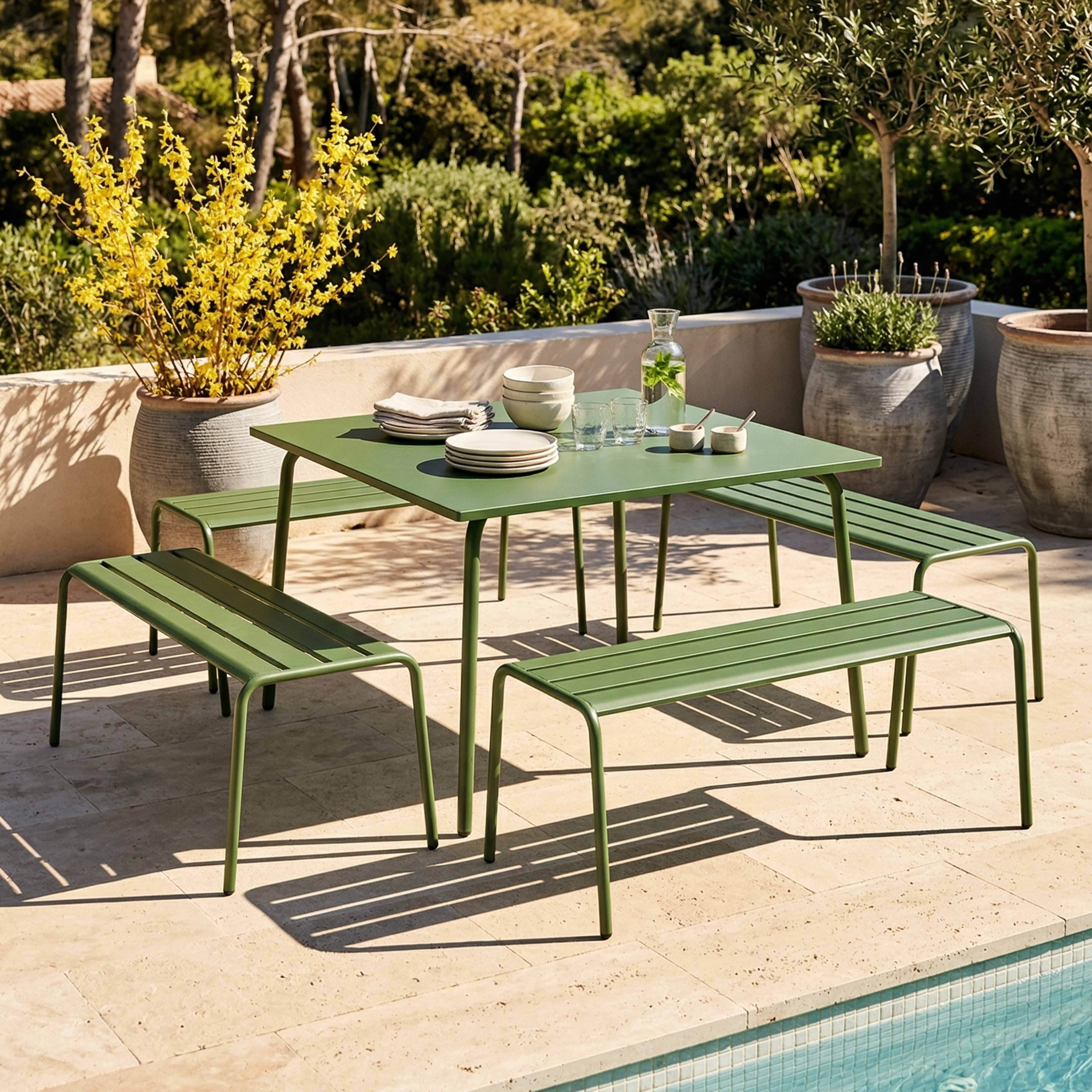 Oviala - Ensemble table de jardin carrée et 4 bancs en métal vert cactus Palavas - Oviala - Image 2