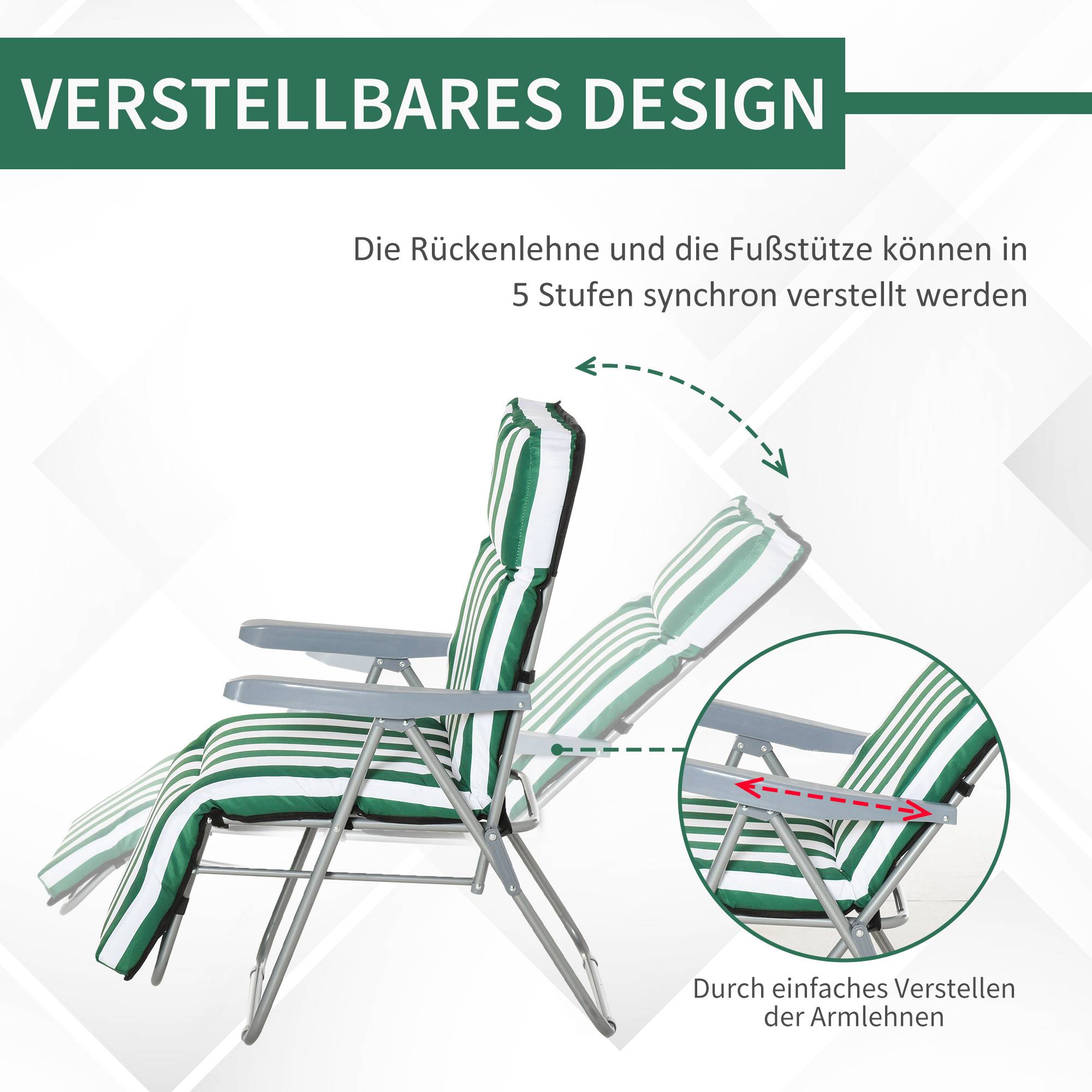 Lot 2 chaises longues jardin pliables coussins acier vert blanc 102 cm confort - Image 6