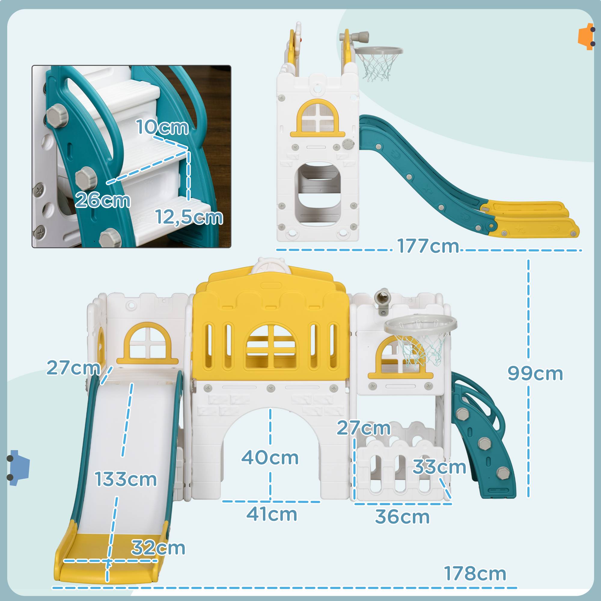 Toboggan pour enfants, structure de jeu 7 en 1 avec panier de basket et volant, pour les 1 à 3 ans, 178 x 177 x 99 cm, jaune/blanc/vert - Image 5