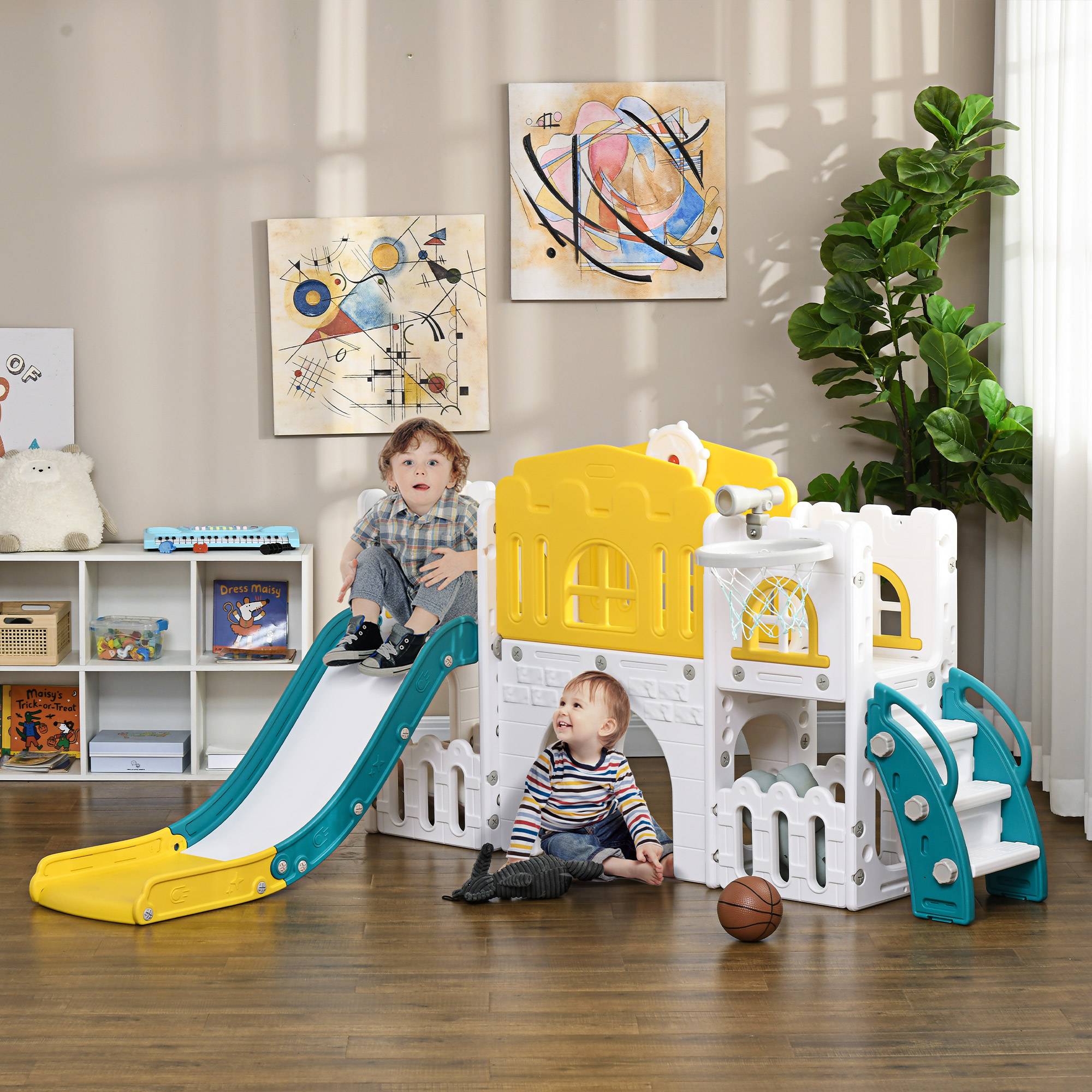 Toboggan pour enfants, structure de jeu 7 en 1 avec panier de basket et volant, pour les 1 à 3 ans, 178 x 177 x 99 cm, jaune/blanc/vert - Image 3