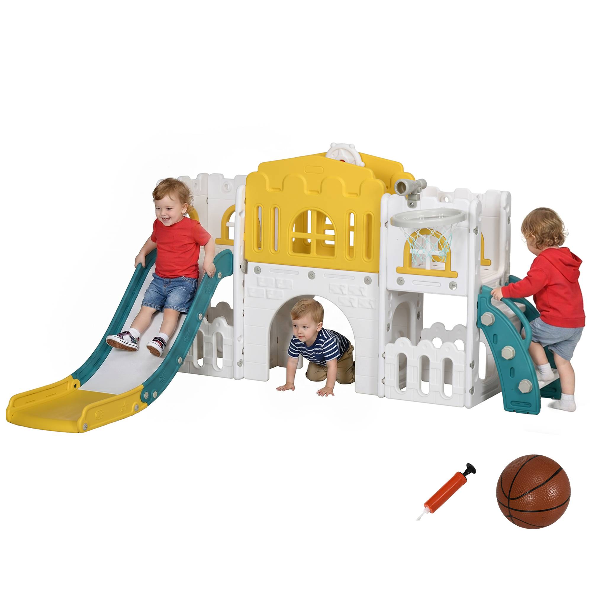 Toboggan pour enfants, structure de jeu 7 en 1 avec panier de basket et volant, pour les 1 à 3 ans, 178 x 177 x 99 cm, jaune/blanc/vert - Image 1