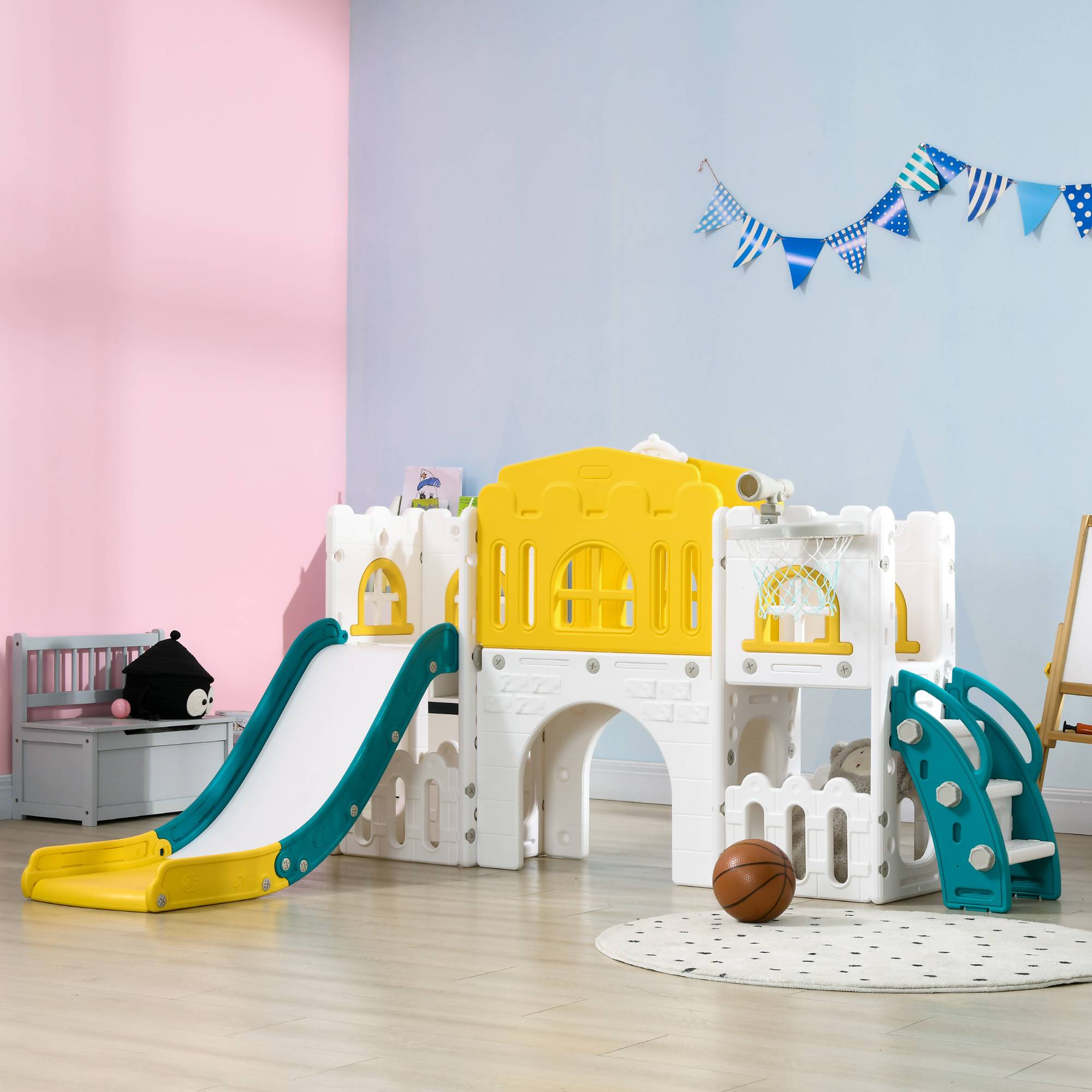Toboggan pour enfants, structure de jeu 7 en 1 avec panier de basket et volant, pour les 1 à 3 ans, 178 x 177 x 99 cm, jaune/blanc/vert - Image 4