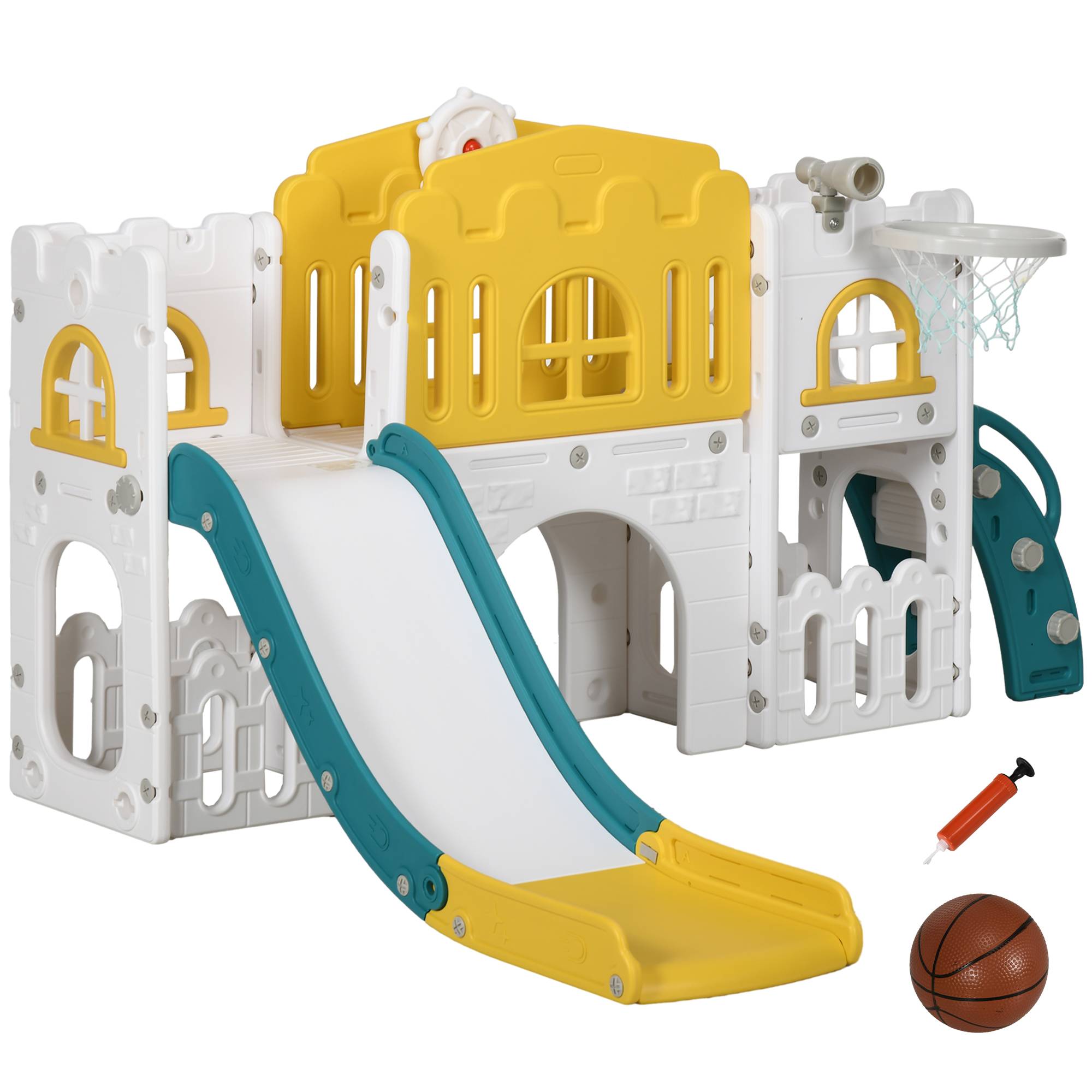 Toboggan pour enfants, structure de jeu 7 en 1 avec panier de basket et volant, pour les 1 à 3 ans, 178 x 177 x 99 cm, jaune/blanc/vert - Image 2
