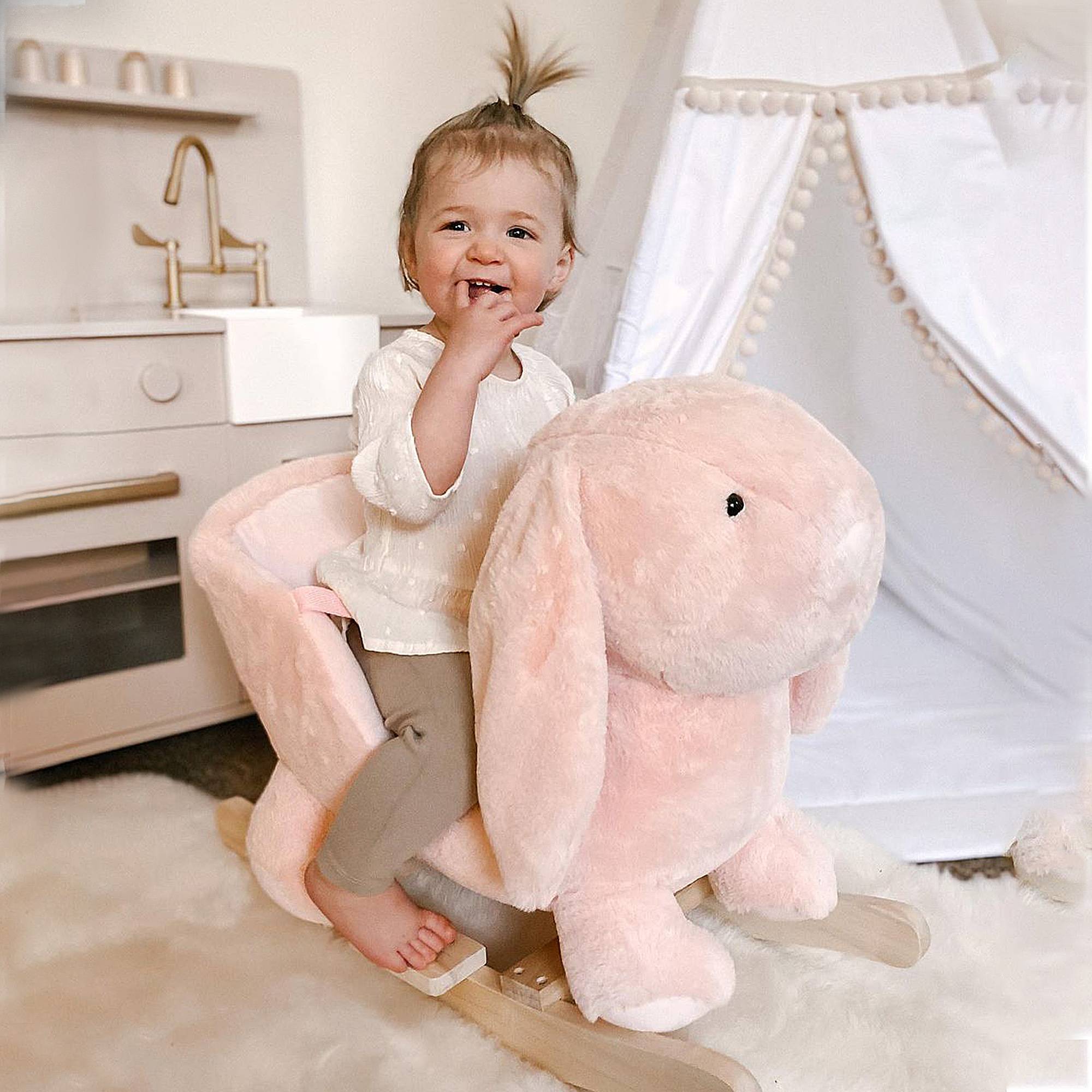 Cheval à Bascule Jouet à Bascule Lapin pour Enfants 18-36 Mois Fauteuil intégré Ceinture de sécurité Fonction sonore clapissement Rose - Image 3