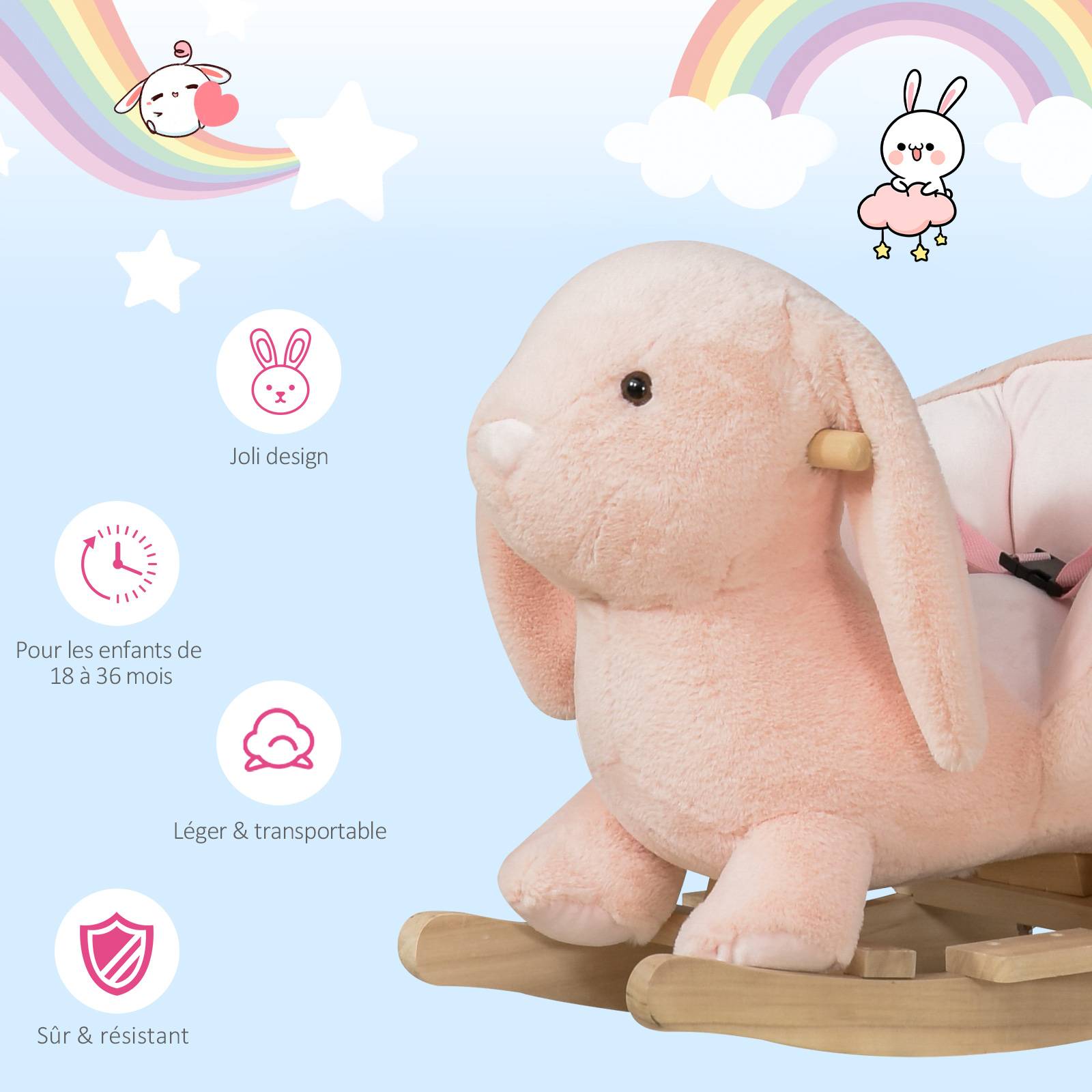 Cheval à Bascule Jouet à Bascule Lapin pour Enfants 18-36 Mois Fauteuil intégré Ceinture de sécurité Fonction sonore clapissement Rose - Image 8