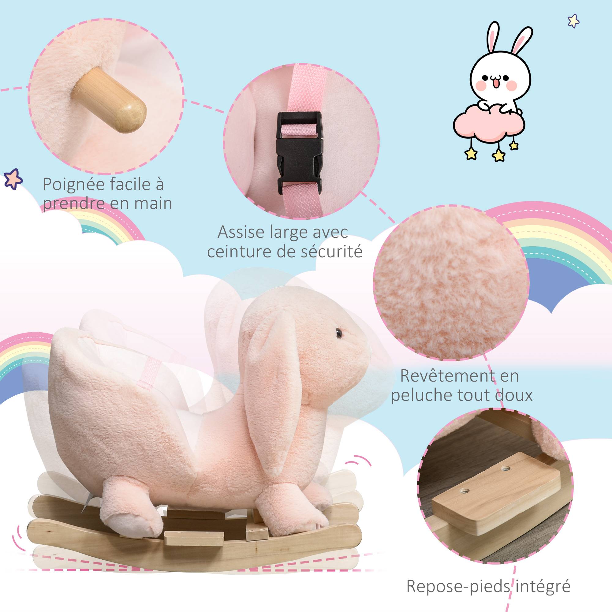 Cheval à Bascule Jouet à Bascule Lapin pour Enfants 18-36 Mois Fauteuil intégré Ceinture de sécurité Fonction sonore clapissement Rose - Image 7
