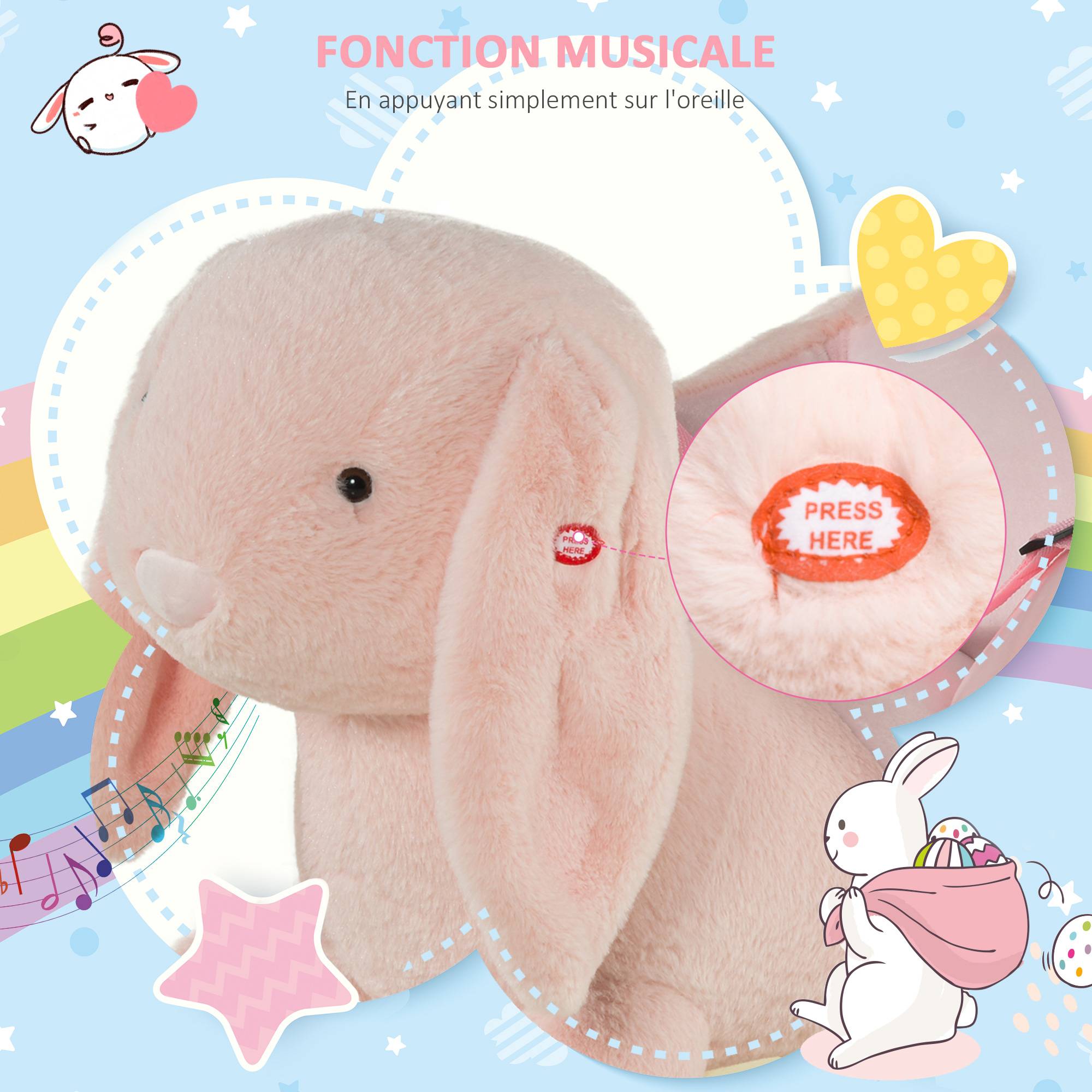 Cheval à Bascule Jouet à Bascule Lapin pour Enfants 18-36 Mois Fauteuil intégré Ceinture de sécurité Fonction sonore clapissement Rose - Image 9