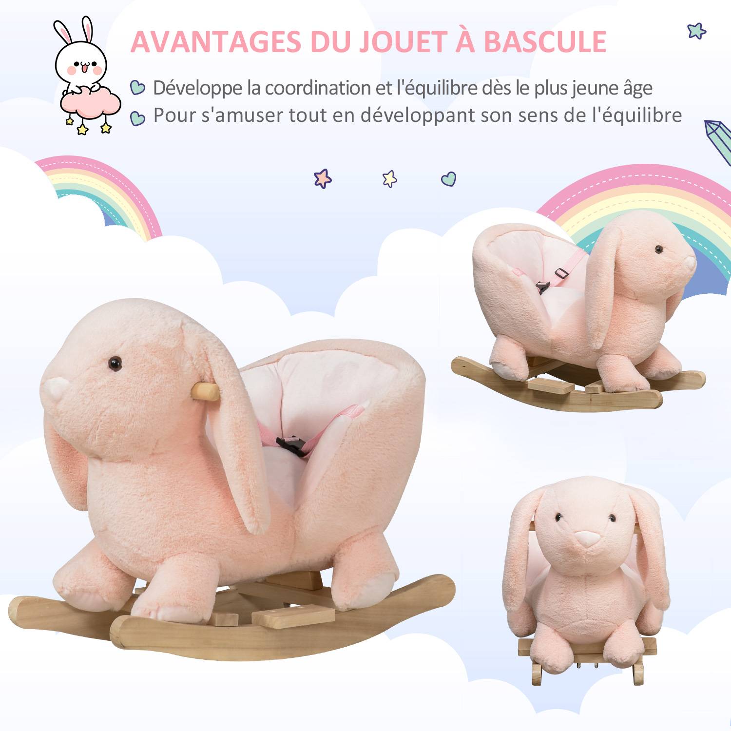 Cheval à Bascule Jouet à Bascule Lapin pour Enfants 18-36 Mois Fauteuil intégré Ceinture de sécurité Fonction sonore clapissement Rose - Image 6