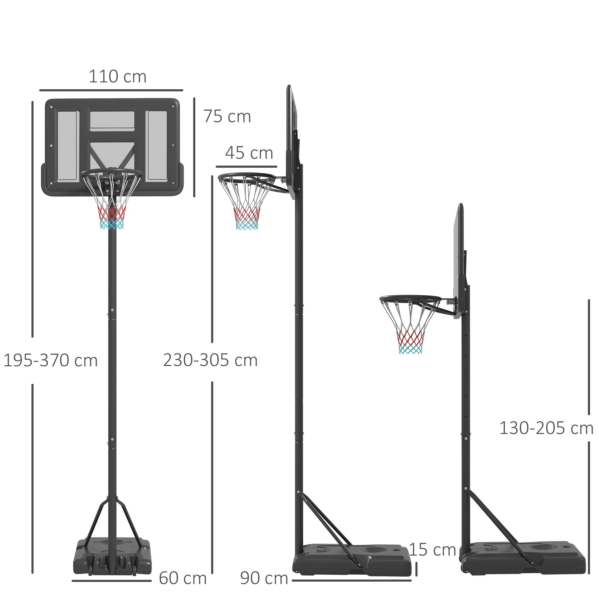 ComfortXL - Panier de basket extérieur acier HDPE noir hauteur 230-305 cm jardin et piscine avec roulettes base lestable - Image 3