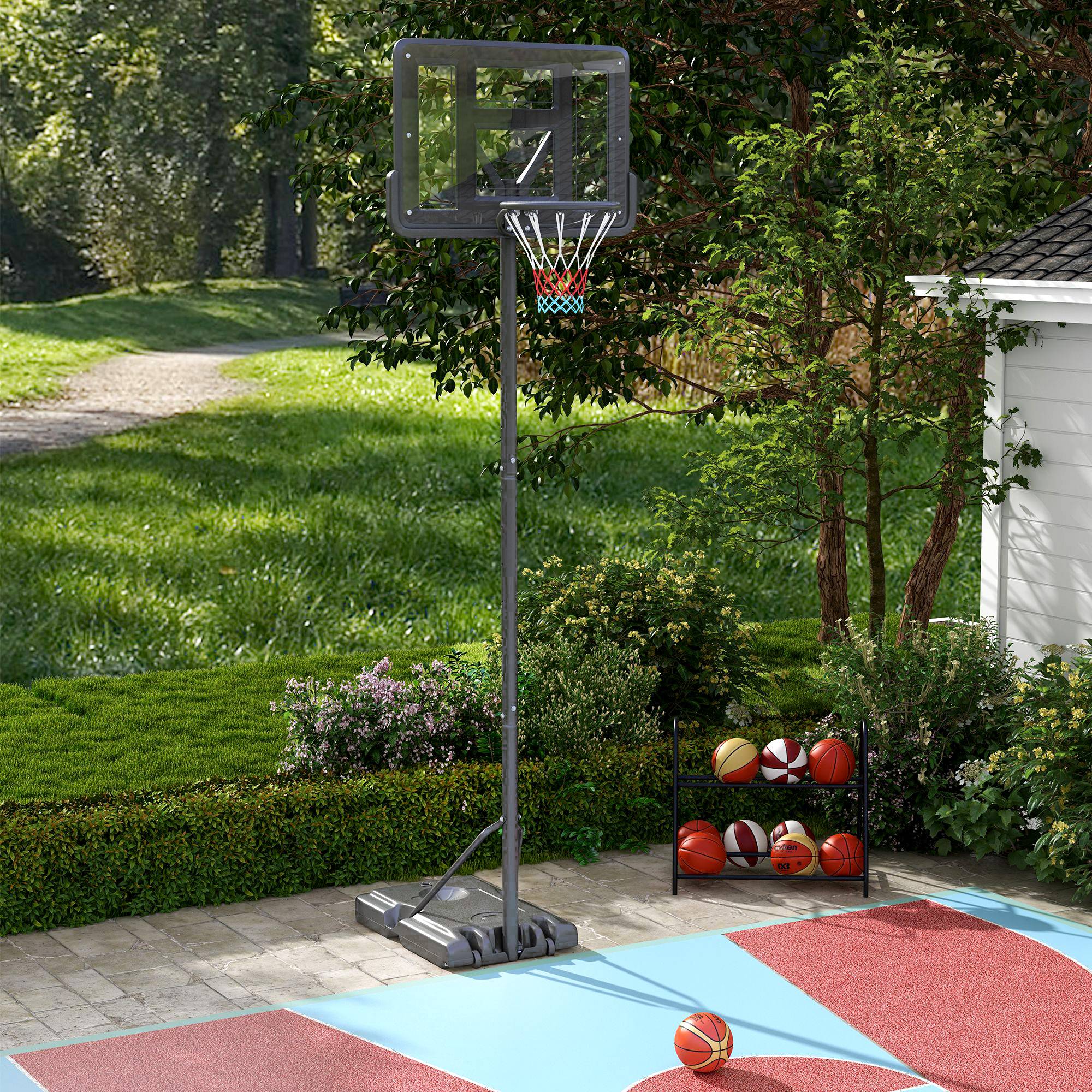 ComfortXL - Panier de basket extérieur acier HDPE noir hauteur 230-305 cm jardin et piscine avec roulettes base lestable - Image 1