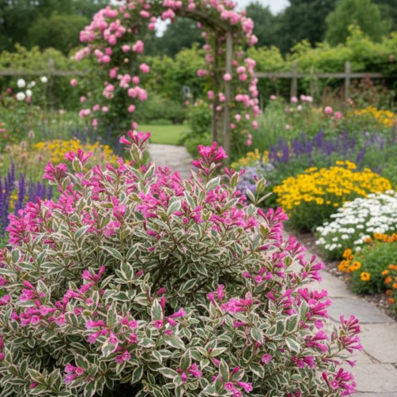 Weigela All Summer® Monet 'Verweig8', Weigelia à fleurs Blanche - feuillage Caduc - Pot de 4L - 40/60 cm-  hauteur à maturité De 1,00 m à 1,50 m - Image 5