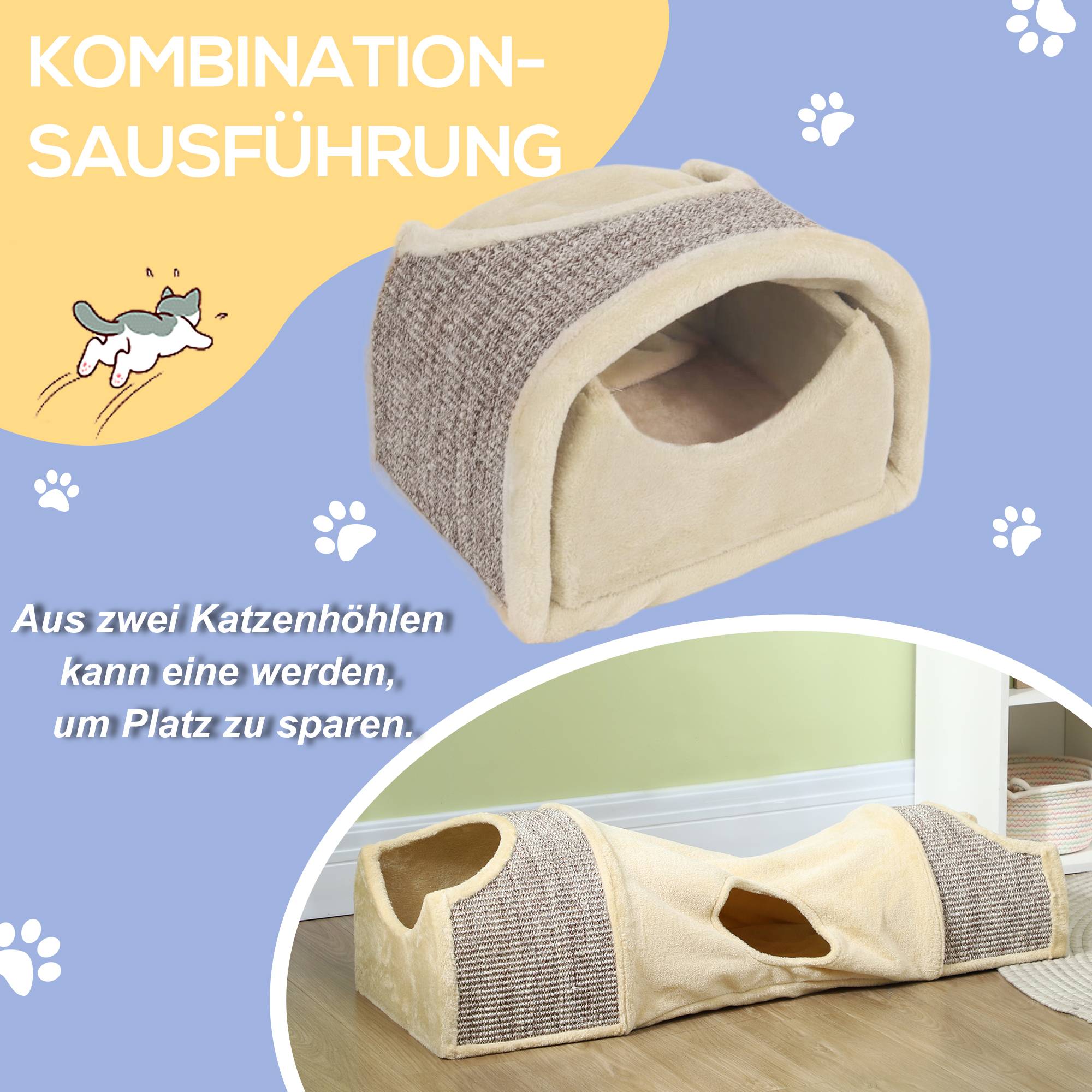 Sans Marque - Tunnel chat 3 ouvertures, pelucheux, corde sisal griffade, 107x38x29cm, Beige/Gris - Image 6