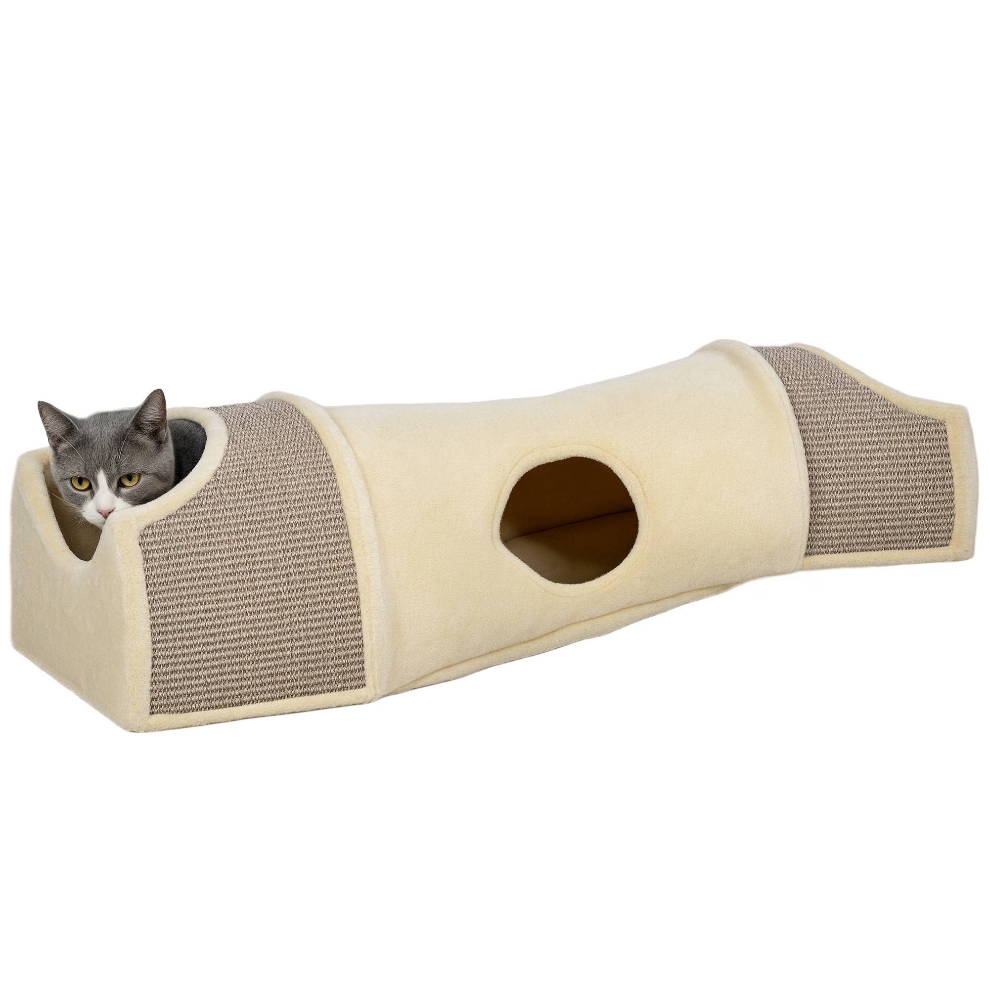 Sans Marque - Tunnel chat 3 ouvertures, pelucheux, corde sisal griffade, 107x38x29cm, Beige/Gris - Image 1