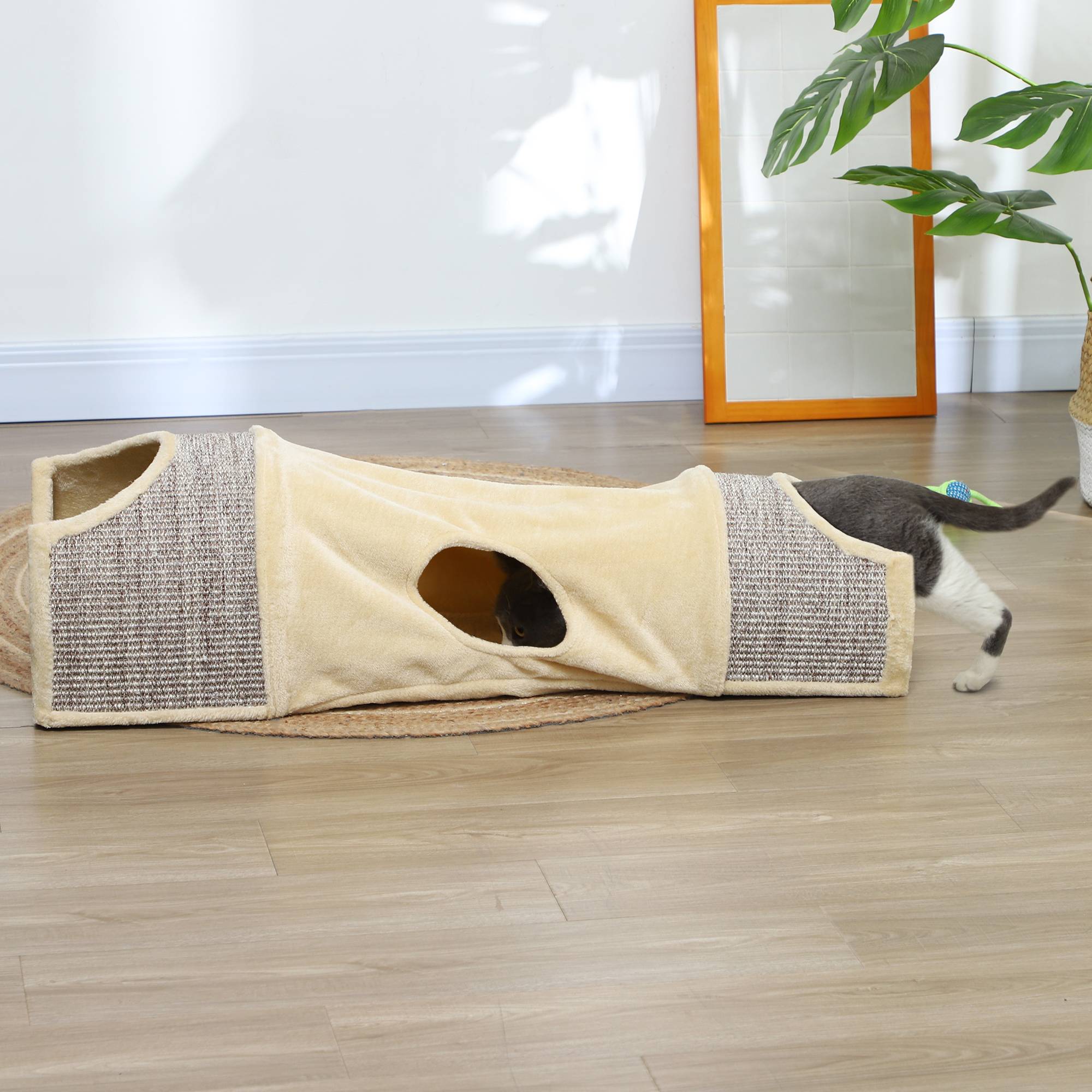 Sans Marque - Tunnel chat 3 ouvertures, pelucheux, corde sisal griffade, 107x38x29cm, Beige/Gris - Image 4