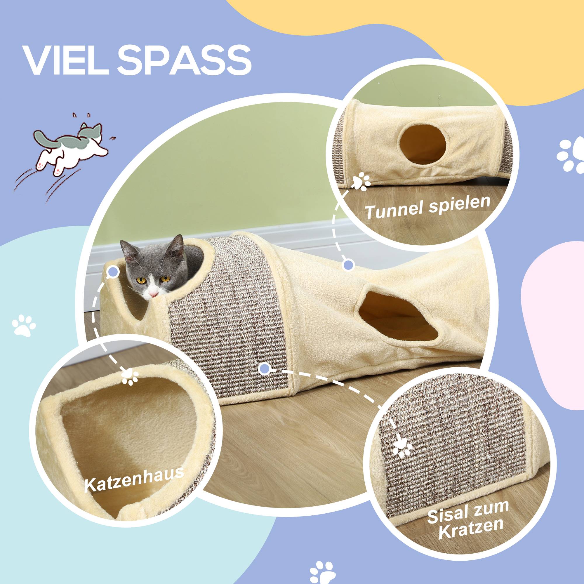 Sans Marque - Tunnel chat 3 ouvertures, pelucheux, corde sisal griffade, 107x38x29cm, Beige/Gris - Image 7