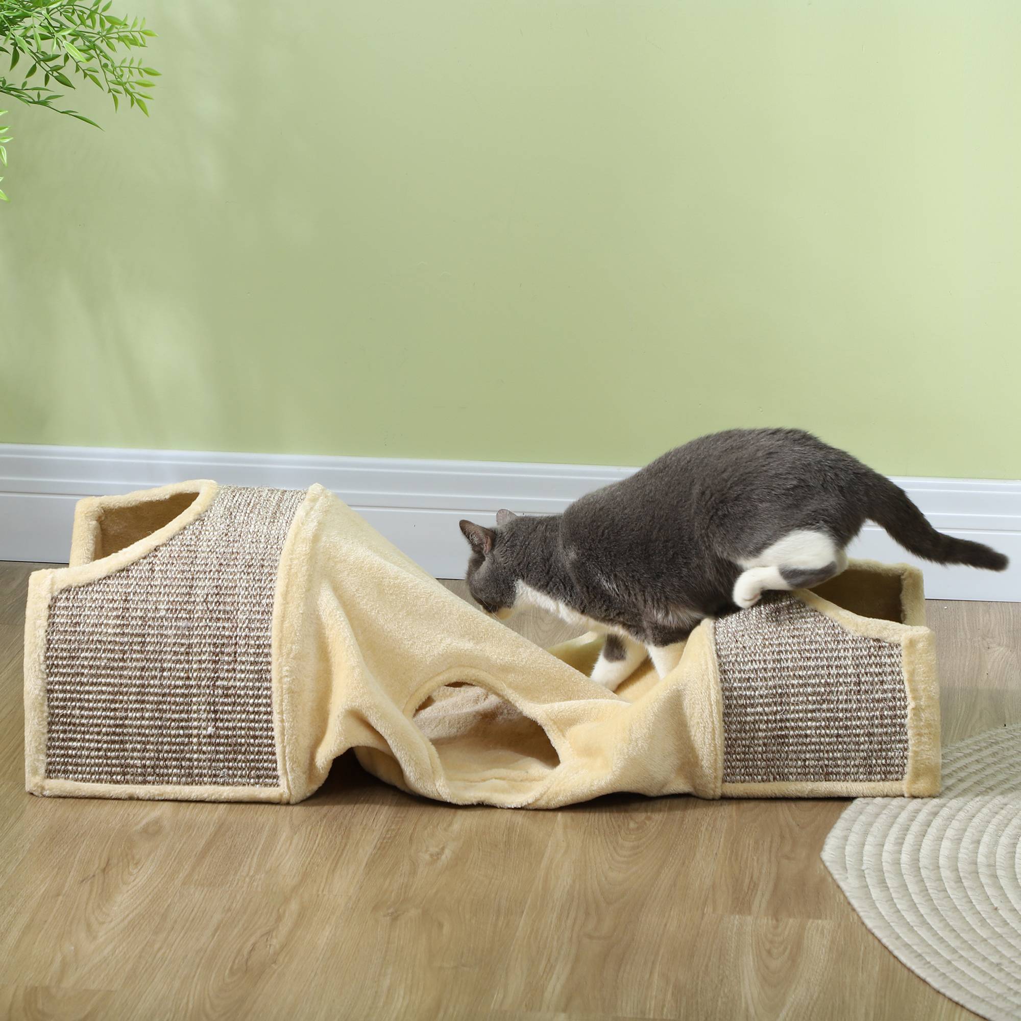 Sans Marque - Tunnel chat 3 ouvertures, pelucheux, corde sisal griffade, 107x38x29cm, Beige/Gris - Image 10