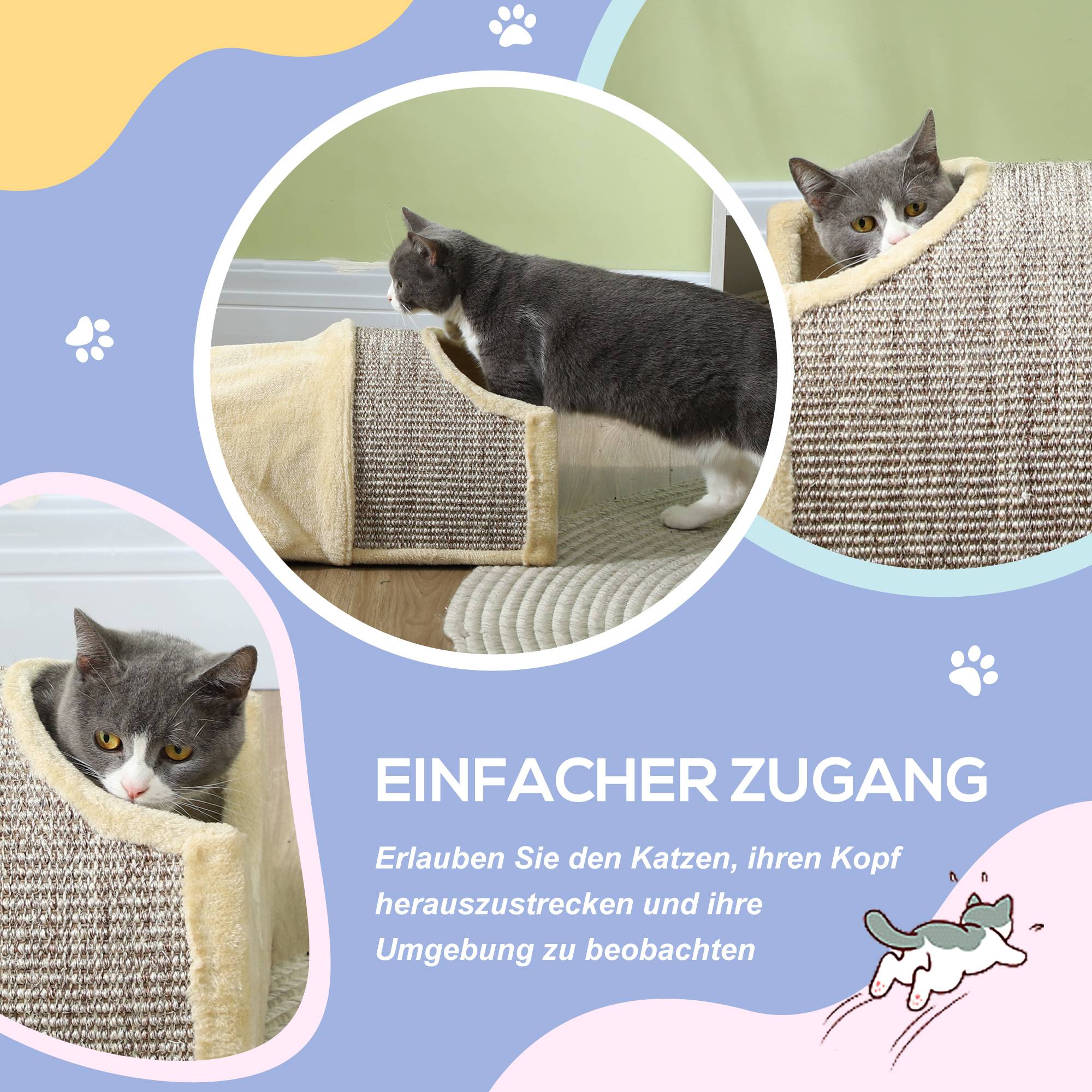 Sans Marque - Tunnel chat 3 ouvertures, pelucheux, corde sisal griffade, 107x38x29cm, Beige/Gris - Image 8