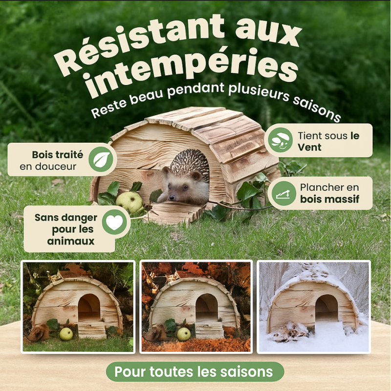 Abri Cabane Mangeoire Hérisson Refuge éxtérieur en bois massif Hibernation Brun"Knut" - Image 3