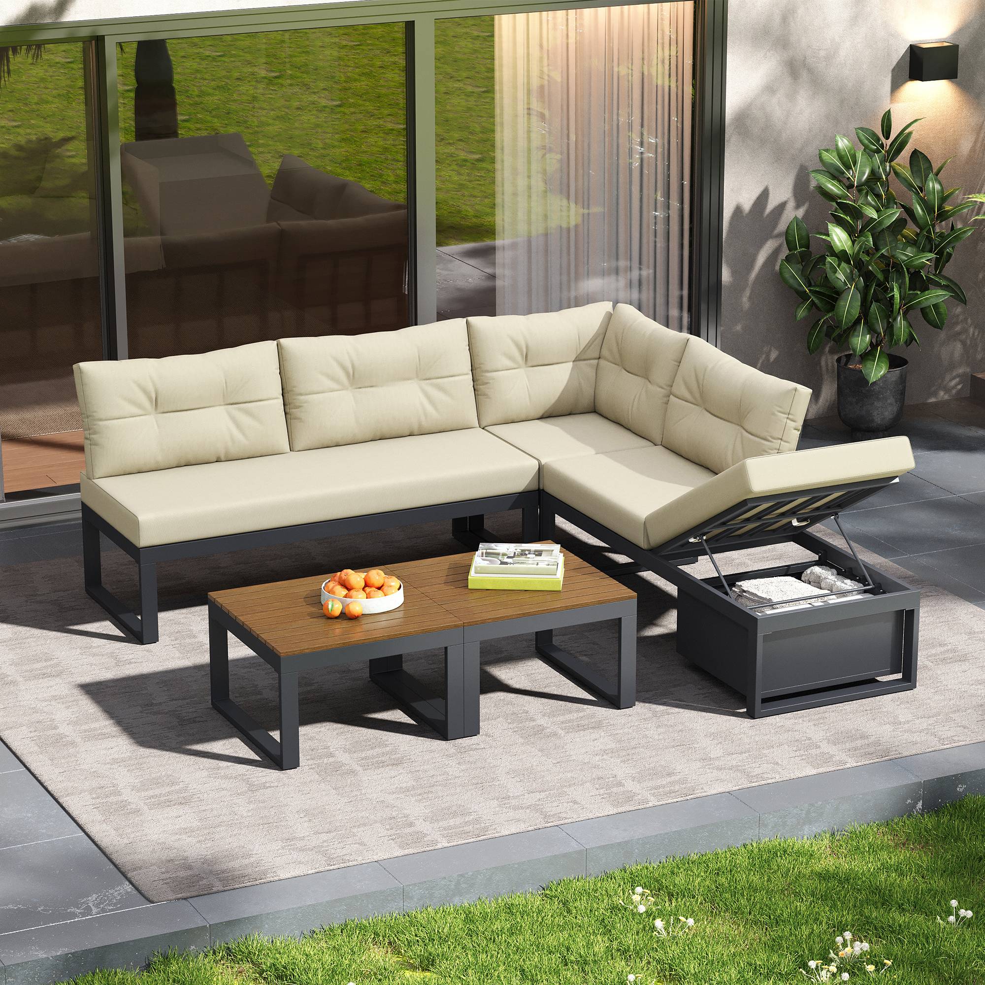 Salon de jardin angle acier polyester pour terrasse modulable et inclinable 191cm Beige - ComfortXL Outdoor Living - Image 1