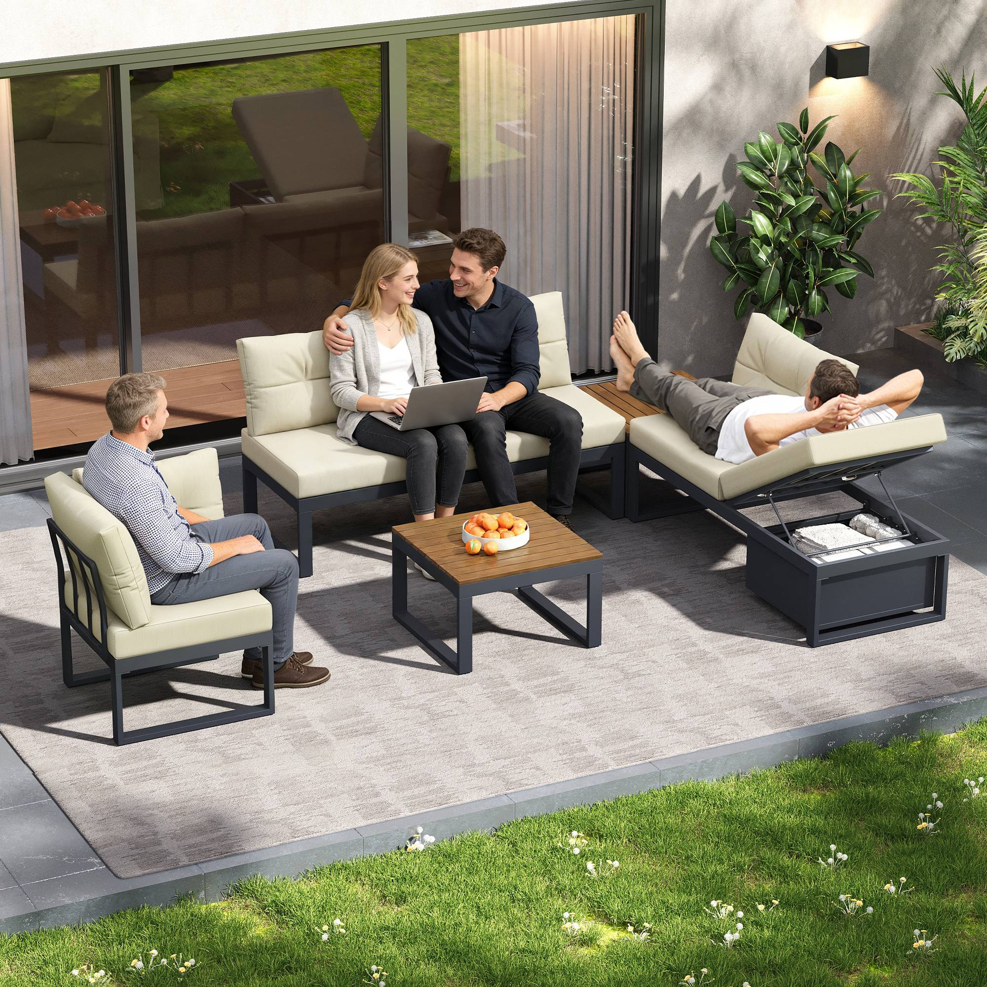 Salon de jardin angle acier polyester pour terrasse modulable et inclinable 191cm Beige - ComfortXL Outdoor Living - Image 9